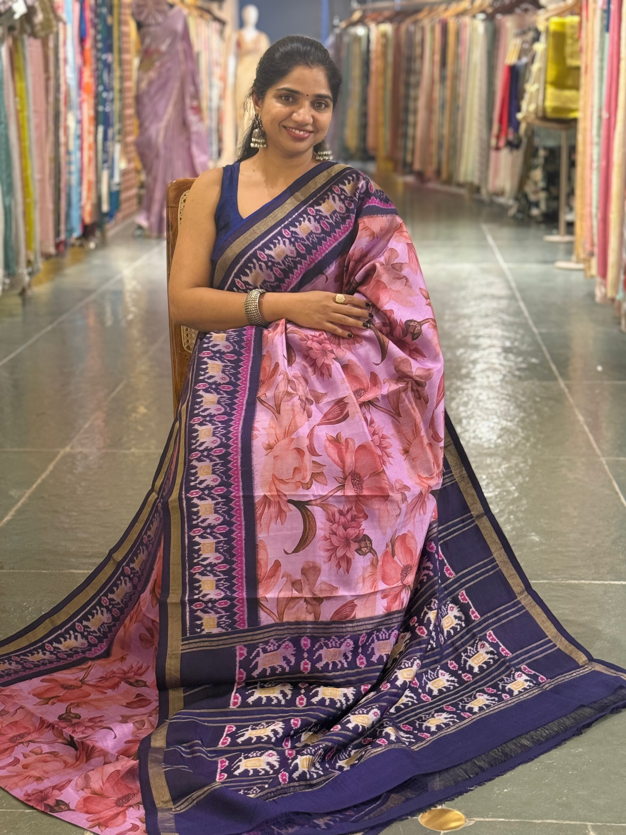 Ikkath Patola Sarees with Pen Kalamkari Style Digital  Prints