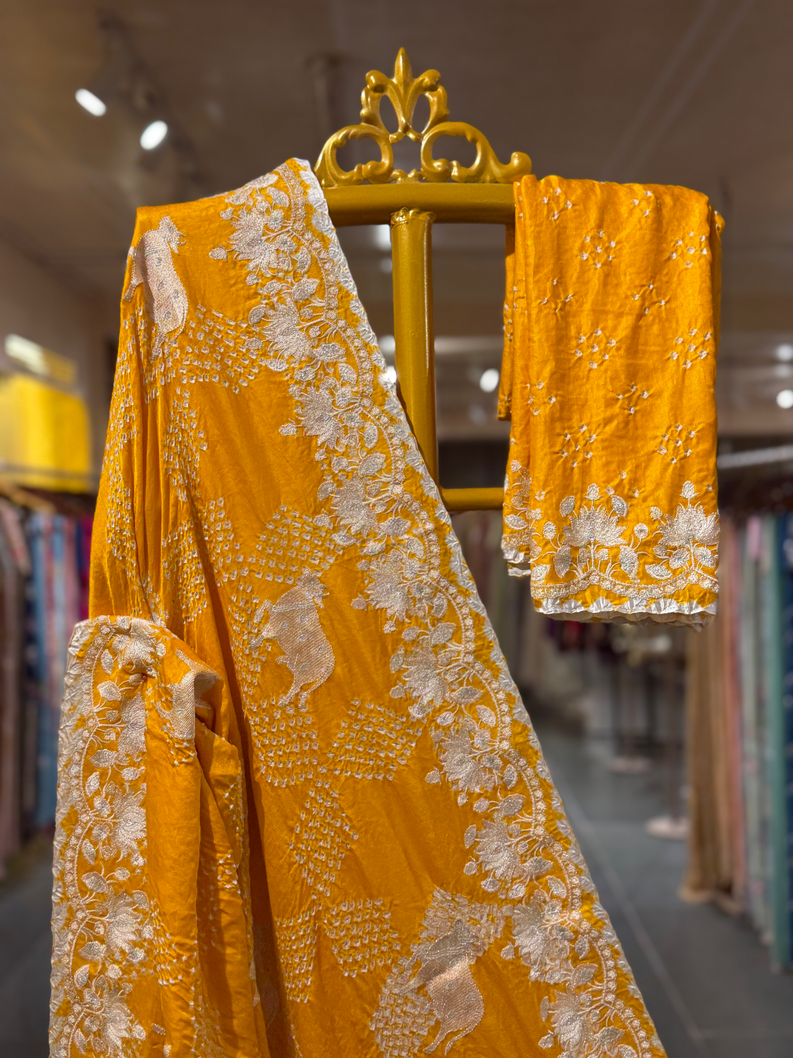 Marigold Pure Gajji Silk Rai Bandhej Saree with Pichwai Embroidery