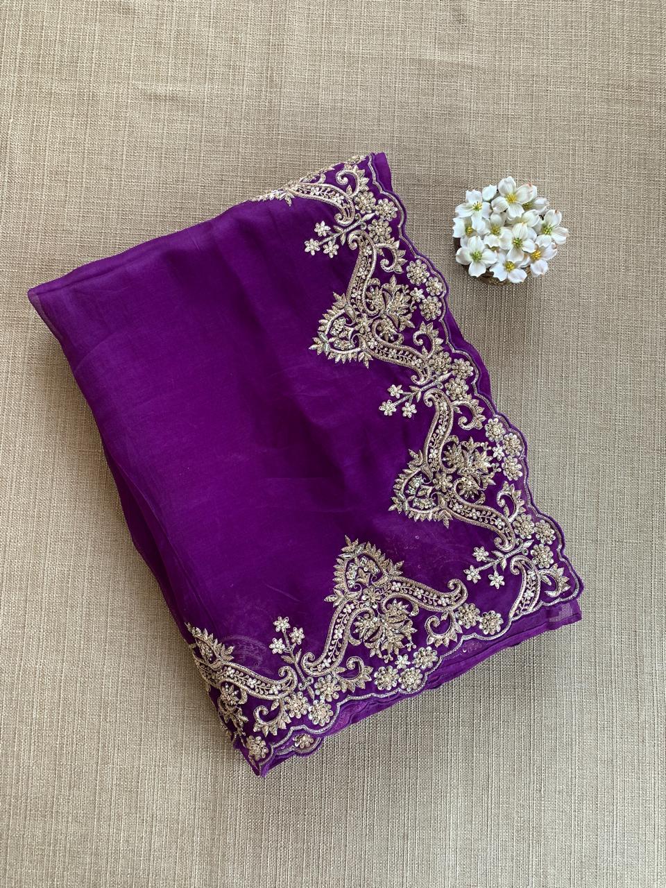 Purple Organza Heavy Handwork Saree