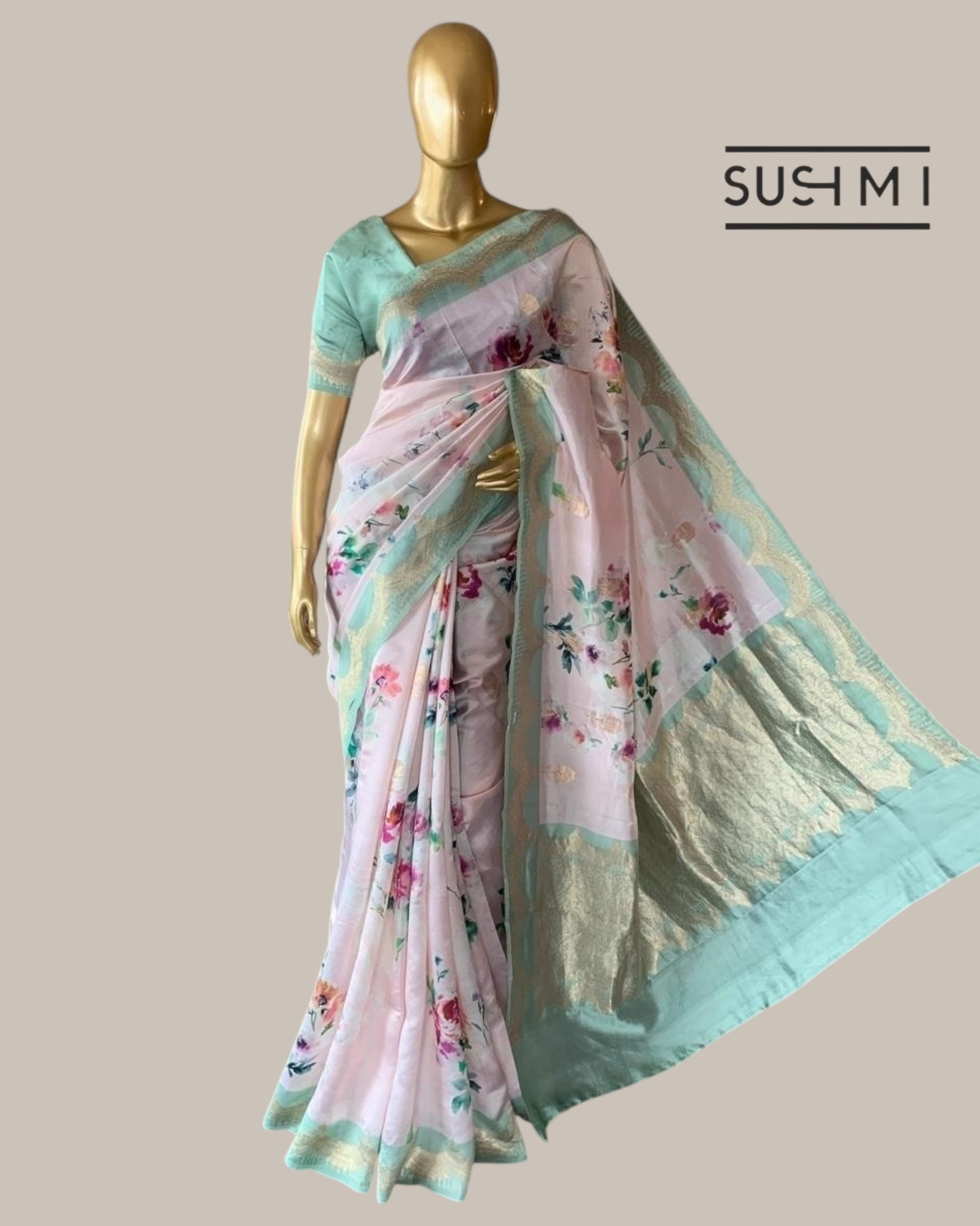 Banarasi Soft Silk Printed Saree With Scalloped Woven Zari Border