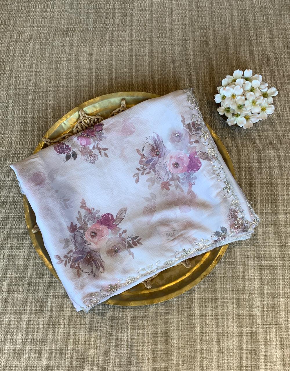 Light Pink Pure Chinnon Satin Crepe Saree With Floral Print & Handwork Borders