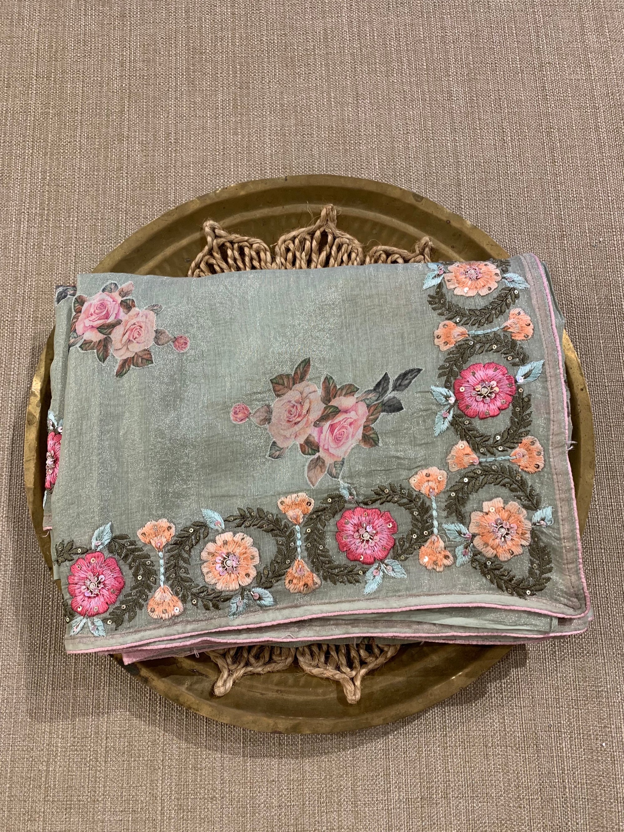 Pista Green Cotton Tissue Saree with allover floral bunches applique work