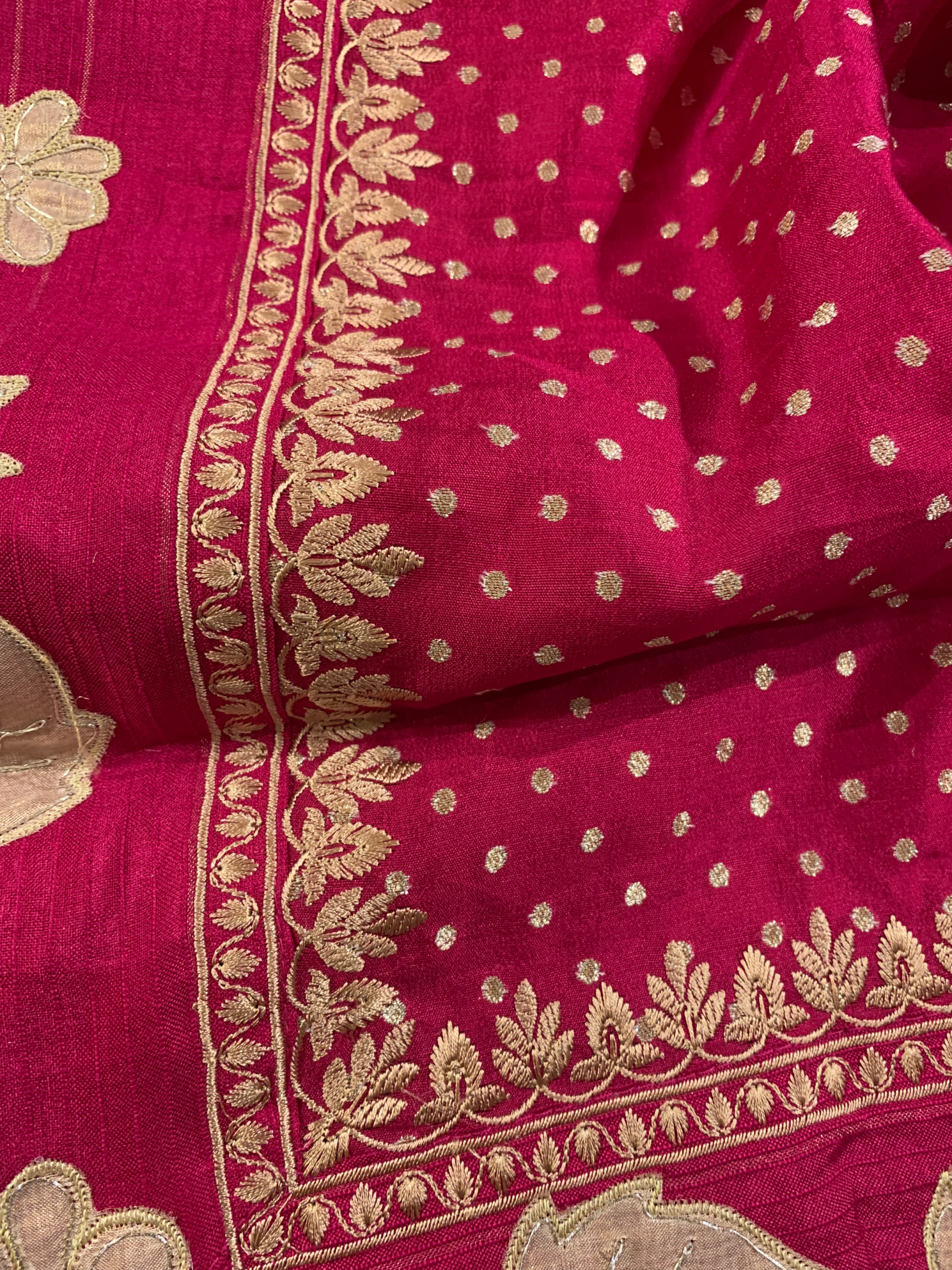 Dark Pink Chiniya Silk Saree with Embroidery Border & Applique Creeper Pallu