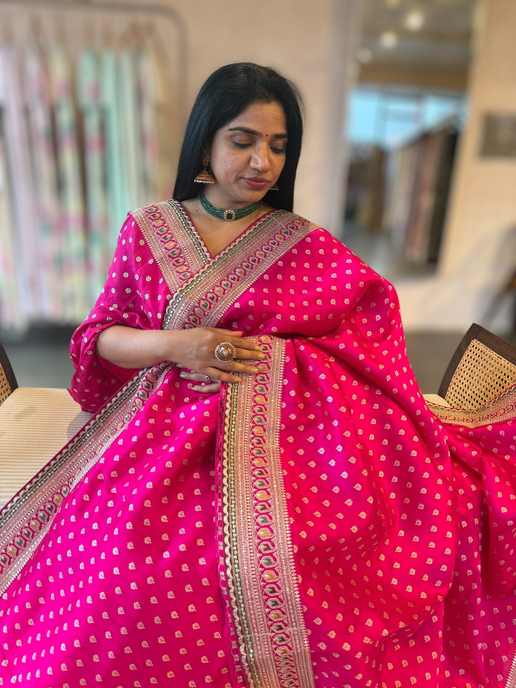 Rani Pink Banarasi Silk Saree With Allover Meenakari Buti & Sabhyasachi Borders