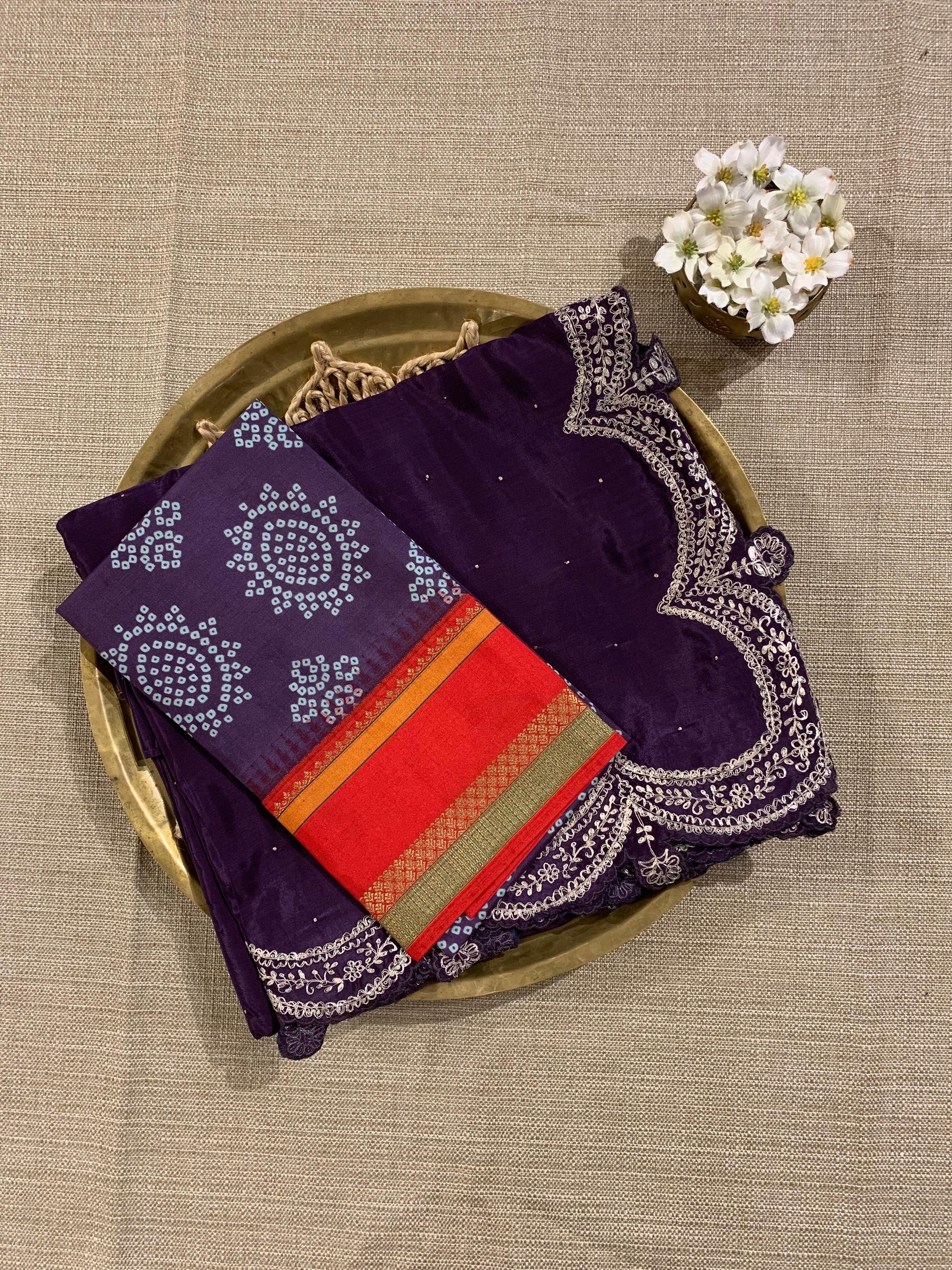 Plum Crepe Silk Saree With Pita Work Scallop Border & Pure Silk Printed Blouse