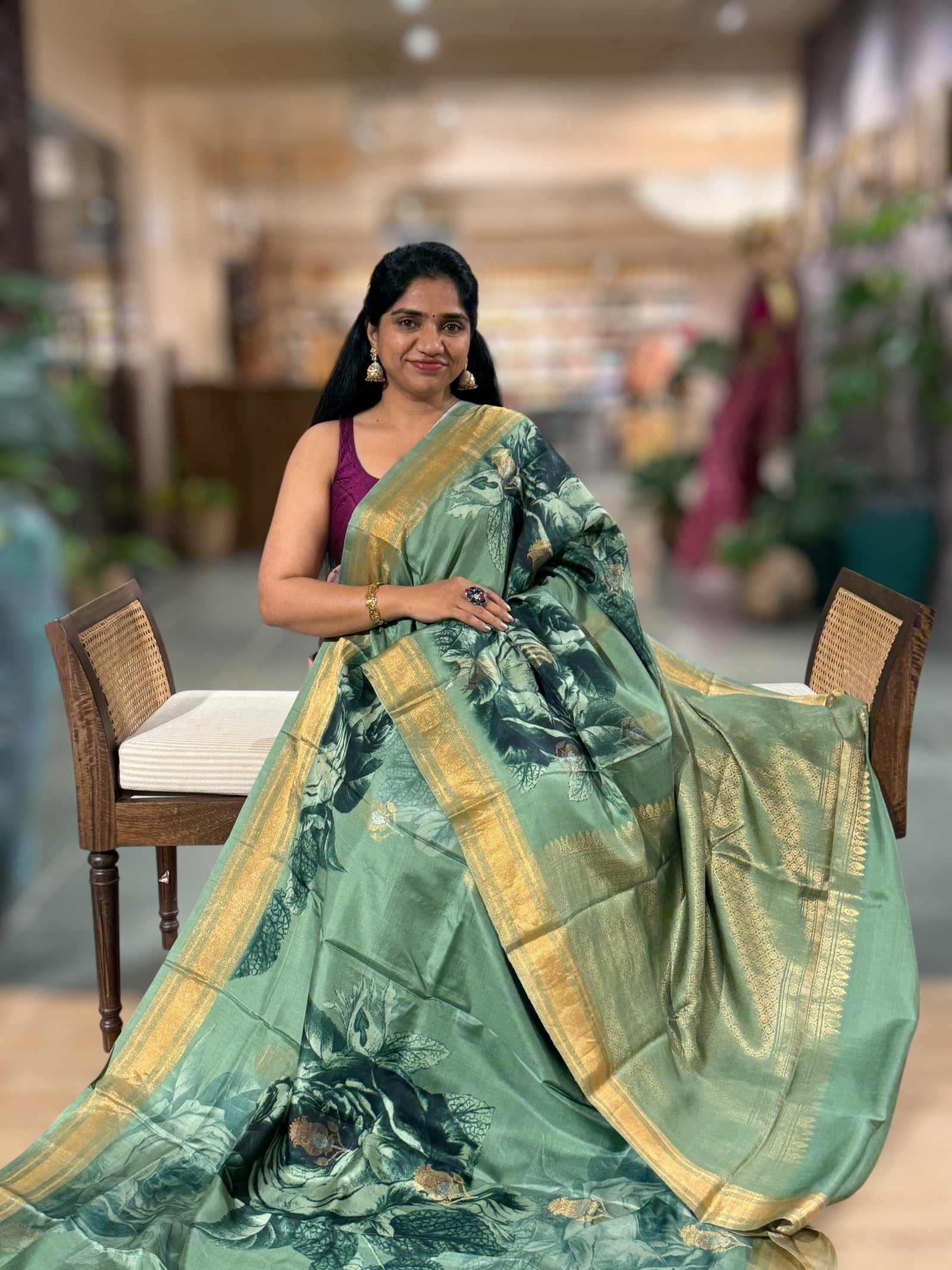 Sage Green Printed Kanchi Soft Silk Saree with Bold Rose Flower Print.