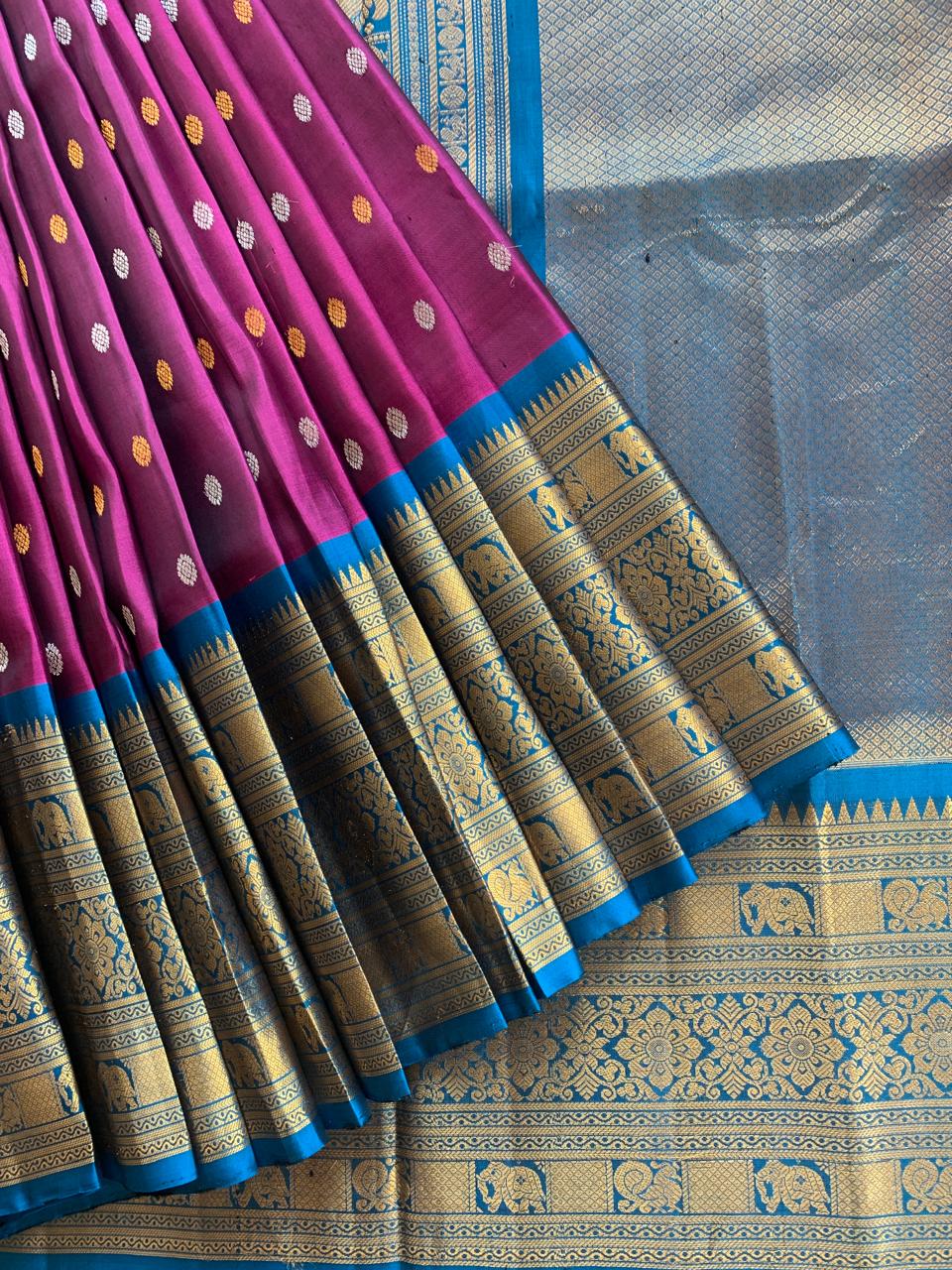 SGSA208 Wine and Peacock Blue Combo Gadwal Handloom Pure Silk Saree