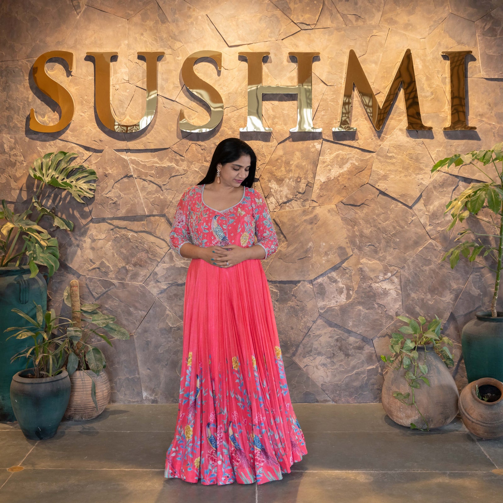 Tomato Red color Pure Chinnon printed long frock with heavy handwork yoke