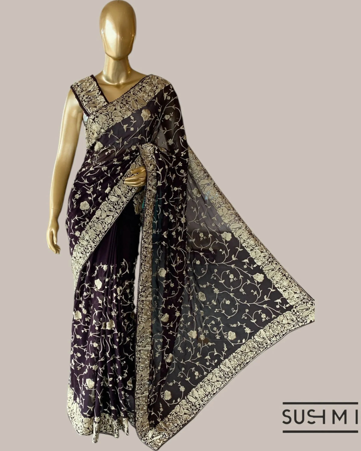 Coffee Brown Pure Gorgette Saree With Parsi Gara Style Allover Embroidery   Orig