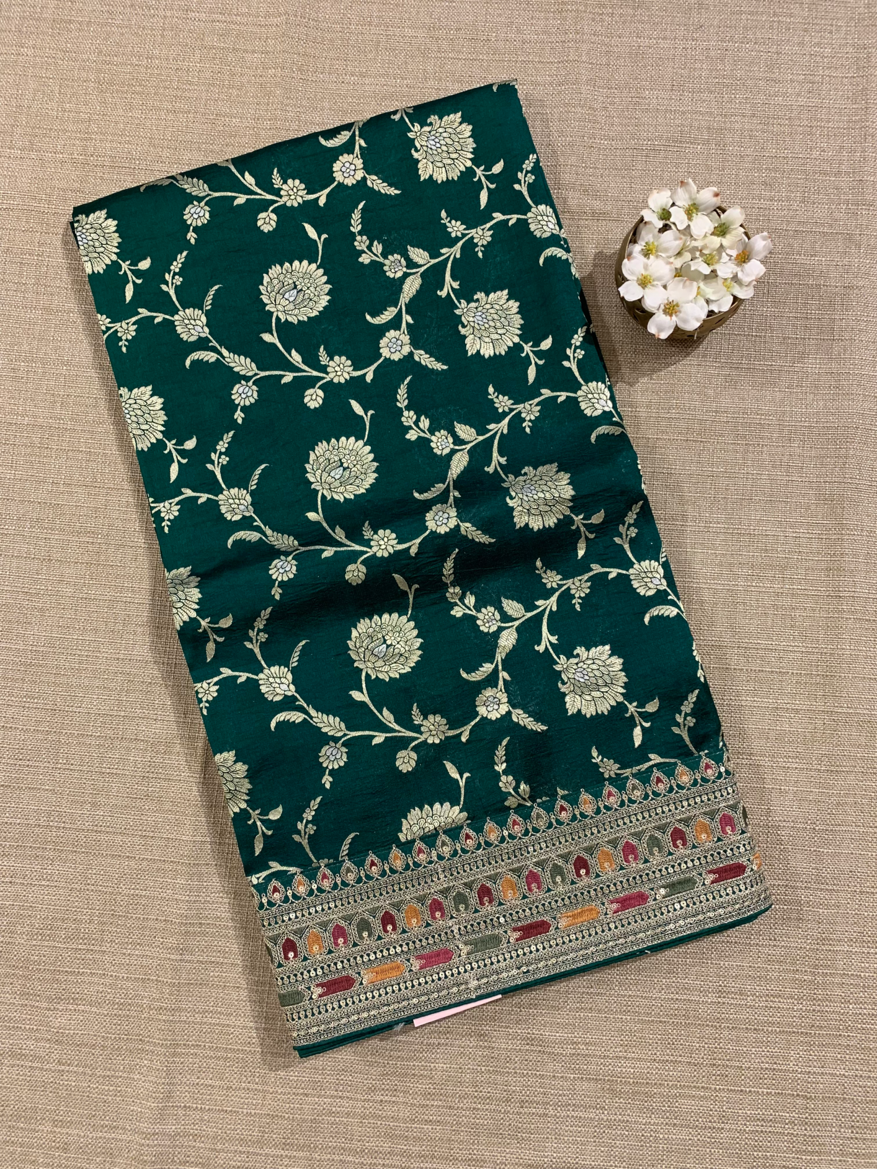 Forest Green Pure Handloom Banarasi Silk Saree With Sabhyasachi Borders & Blouse
