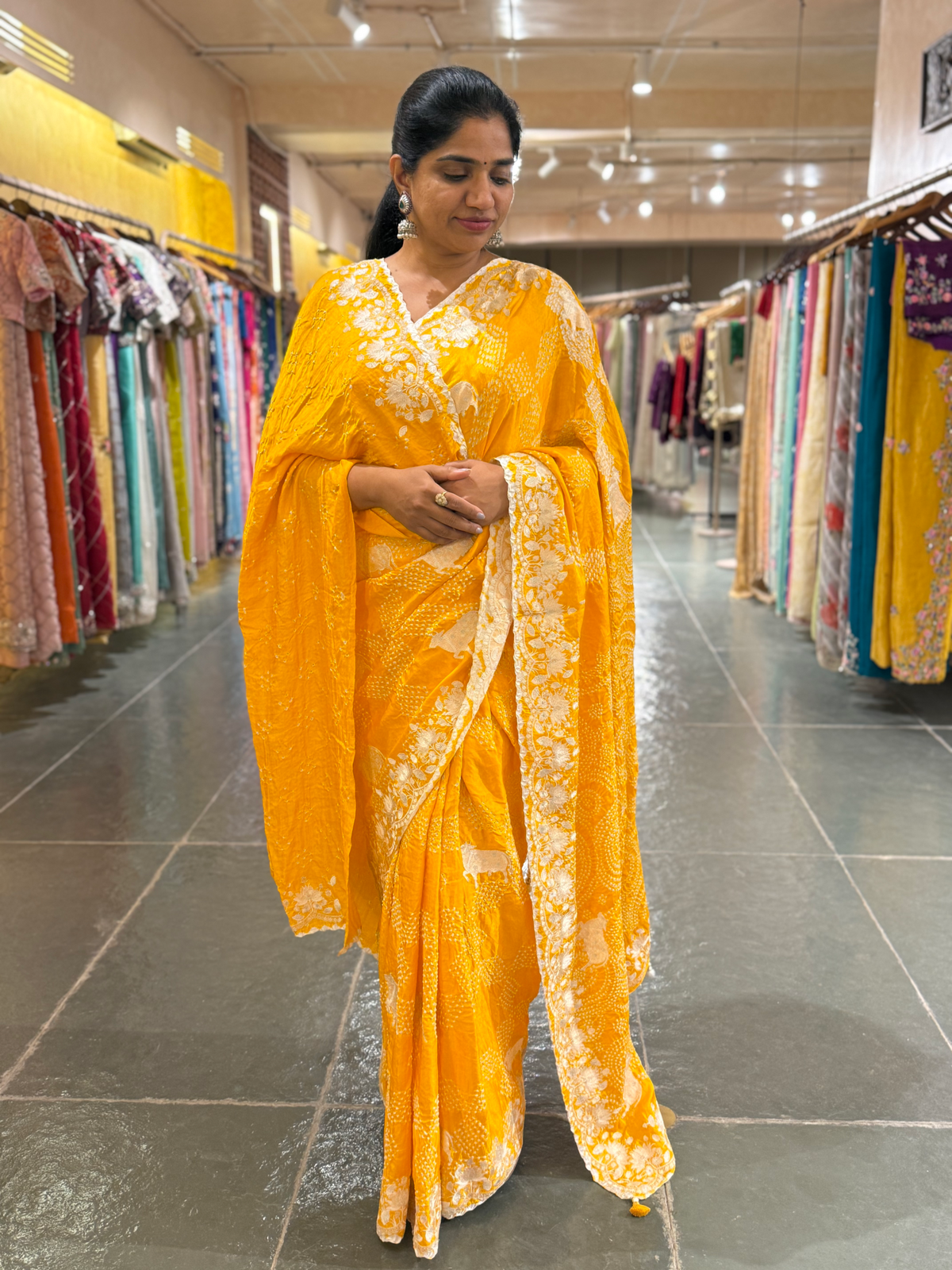Marigold Pure Gajji Silk Rai Bandhej Saree with Pichwai Embroidery