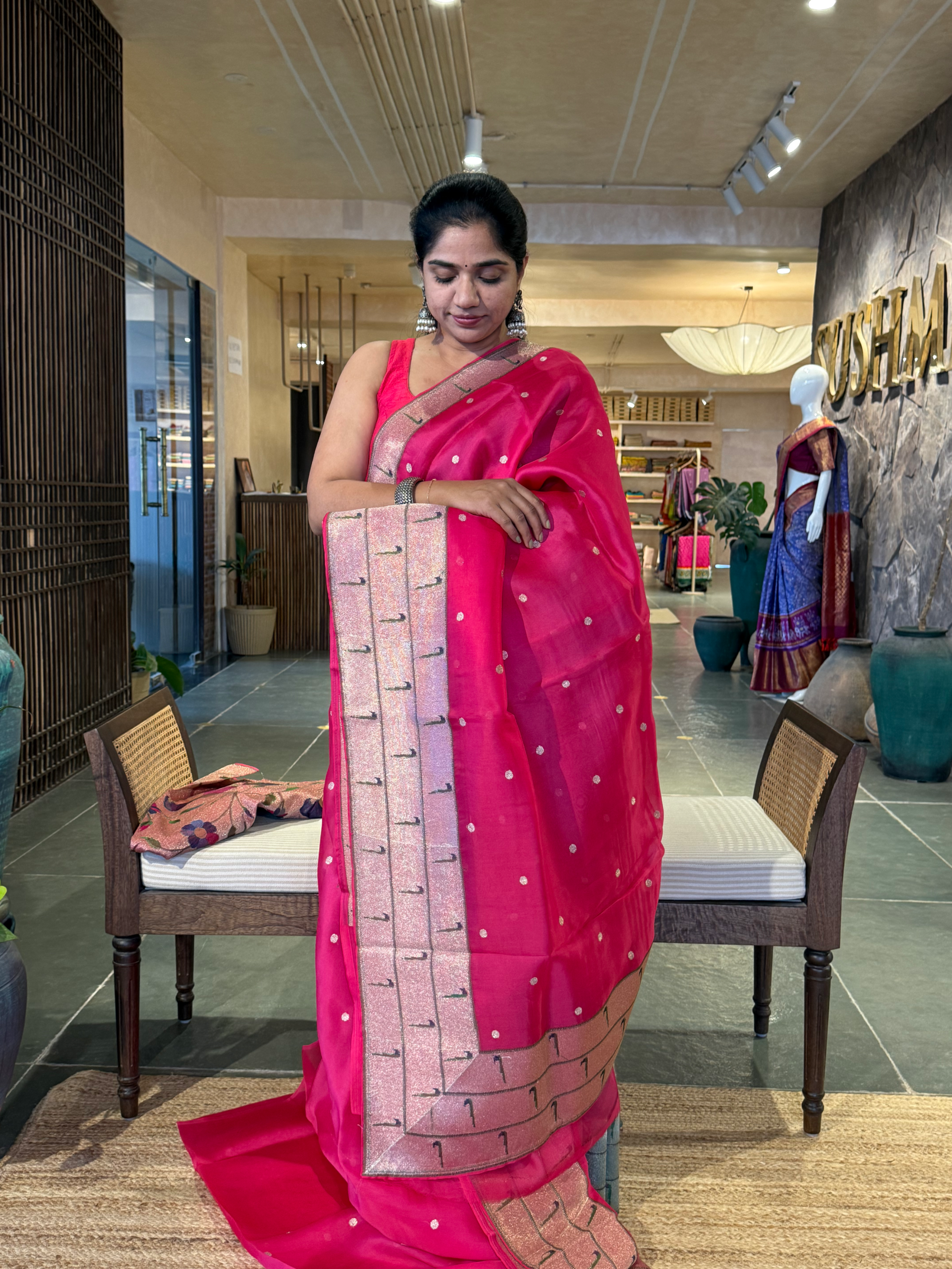 Dark Pink Pure Handloom Kora Silk and Pythani Fusion Saree