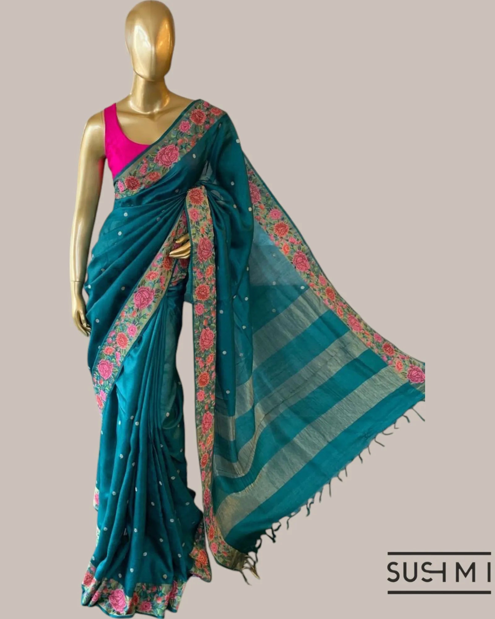 Peacock Blue Pure Tussar Saree with allover golden zari buti and Petite Point  e