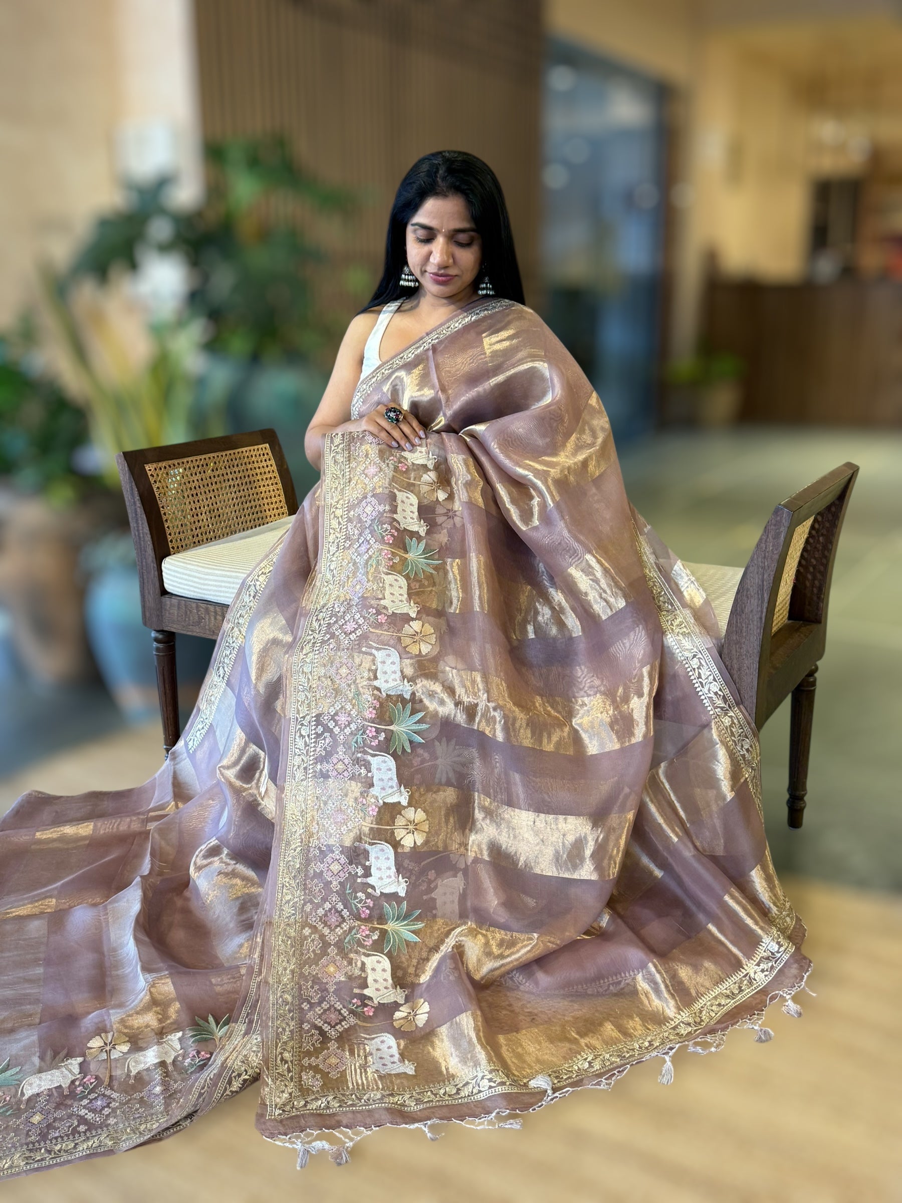 Mauve Kora Tissue Stripes Saree With Jamdani  & Pichwai embroidered Border