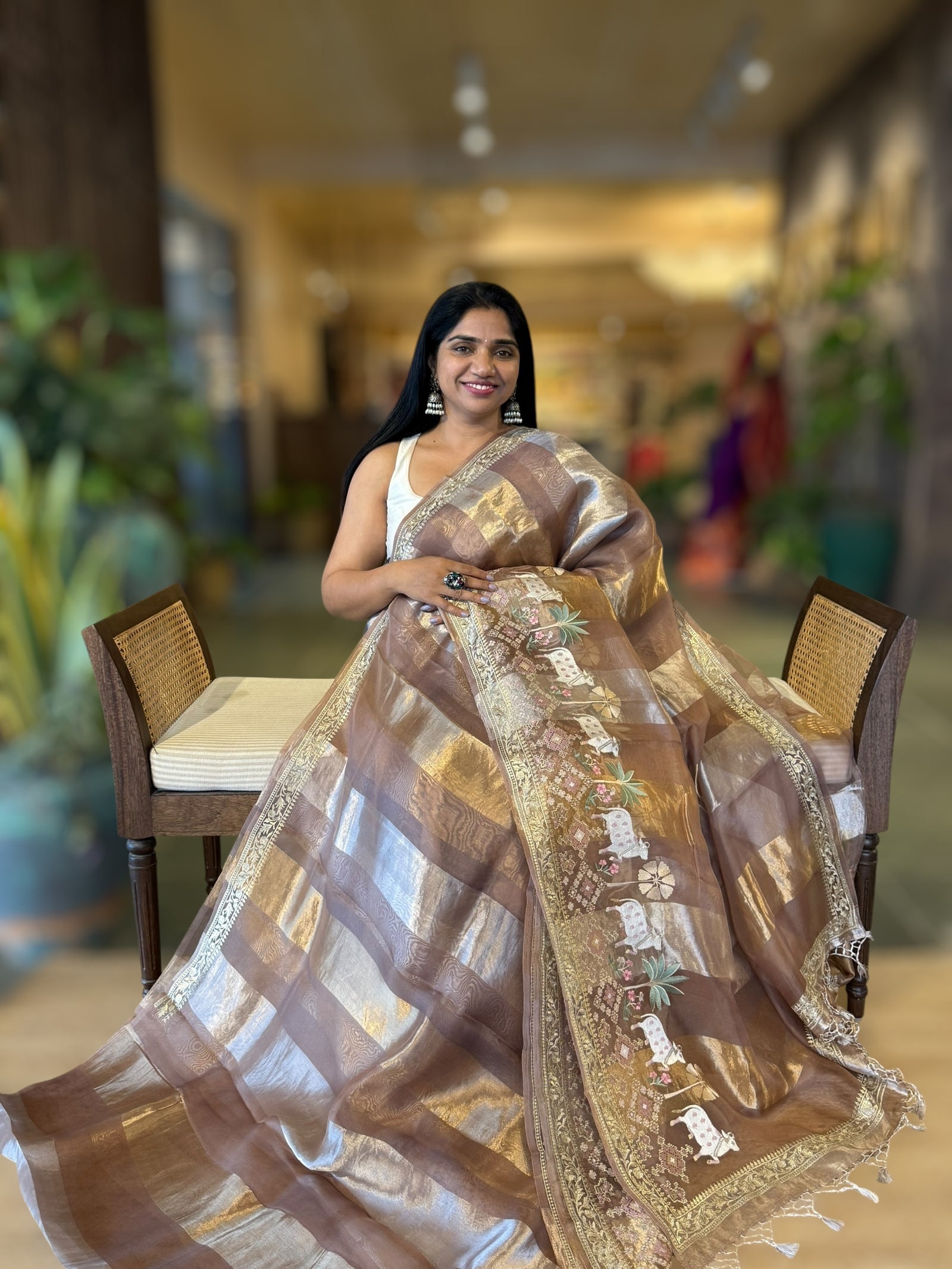 English Brown Kora Tissue Stripes Saree Wth Jamdani & Pichwai embroidered Border