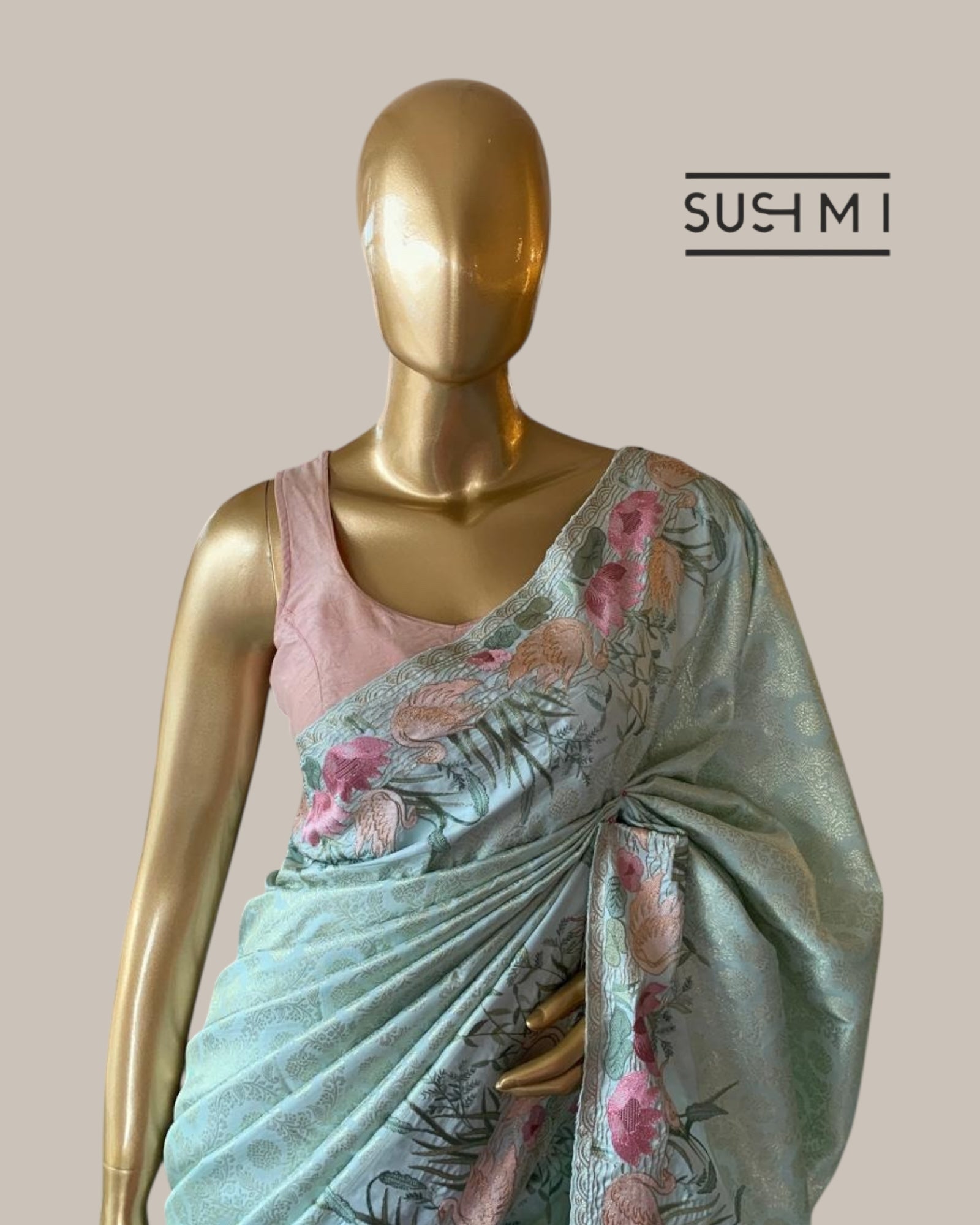 Mint Kanjeevaram Brocade Saree Beautiful Pond Theme Embroidered Border.