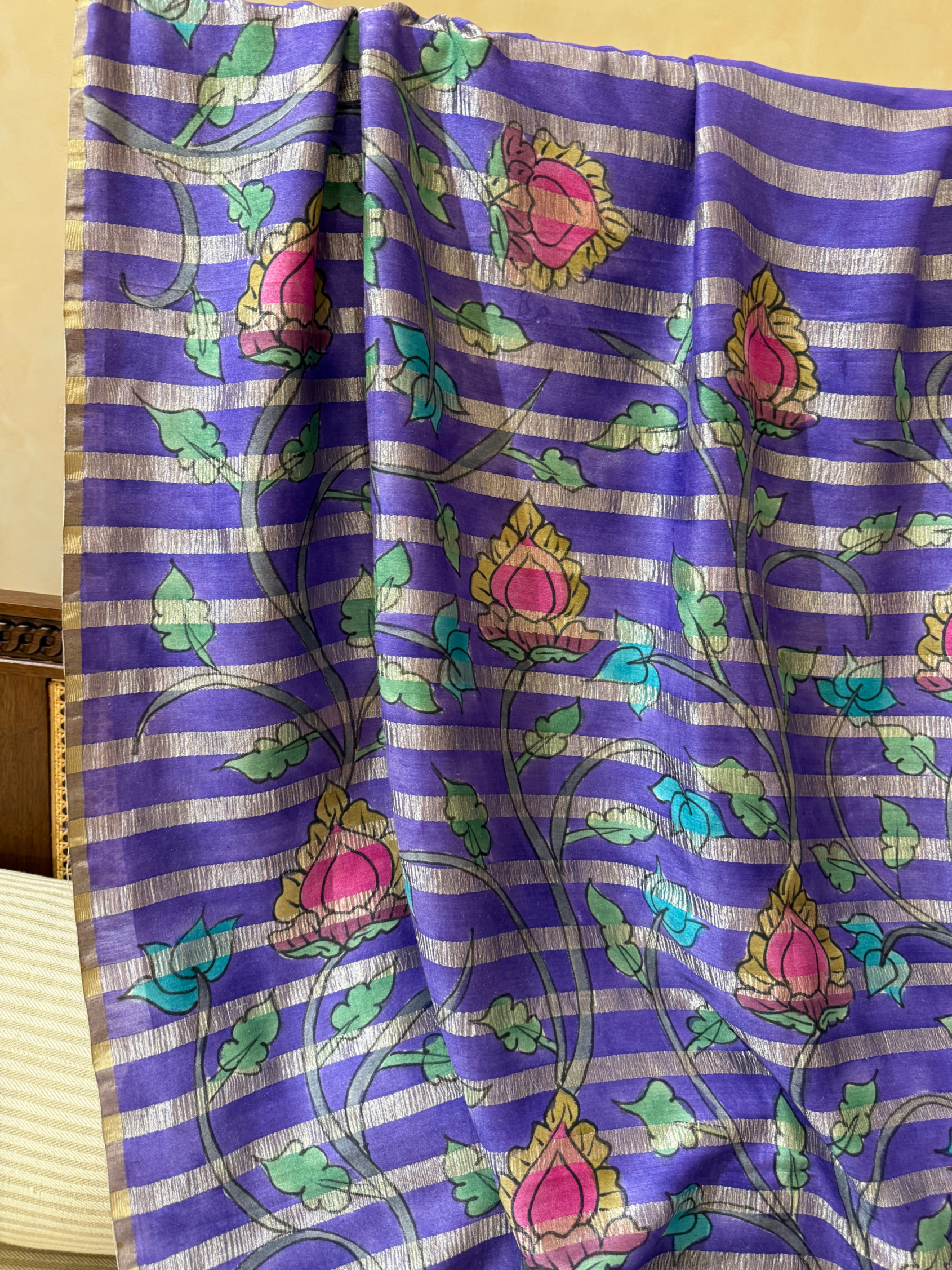 SMTKM172 Pure Handloom Munga Silk Wth Tissue Stripes & Penkalamkari Handpainting