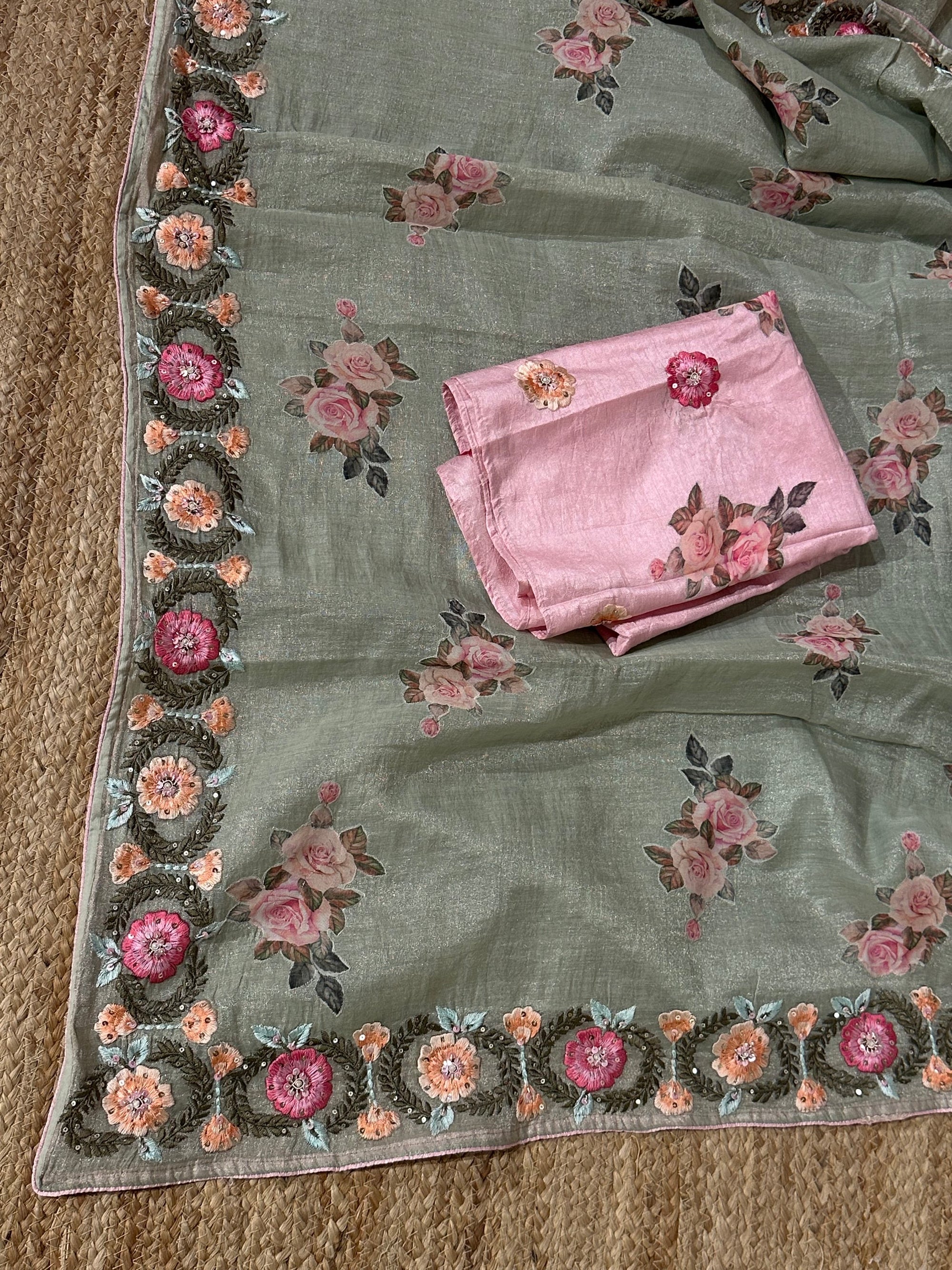 Pista Green Cotton Tissue Saree with allover floral bunches applique work