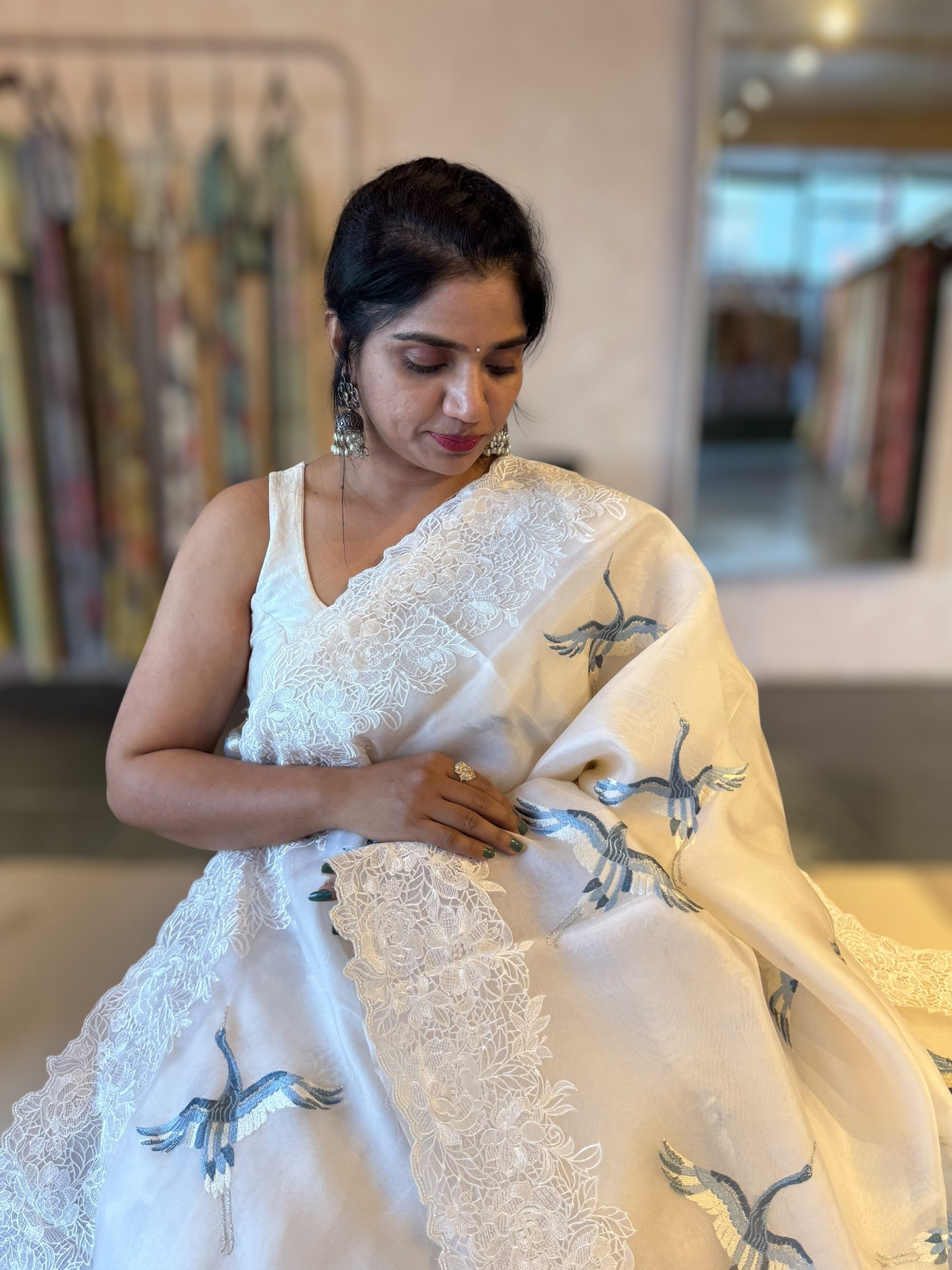 Ivory Organza Saree with Cutwork Borders & Blue Cranes