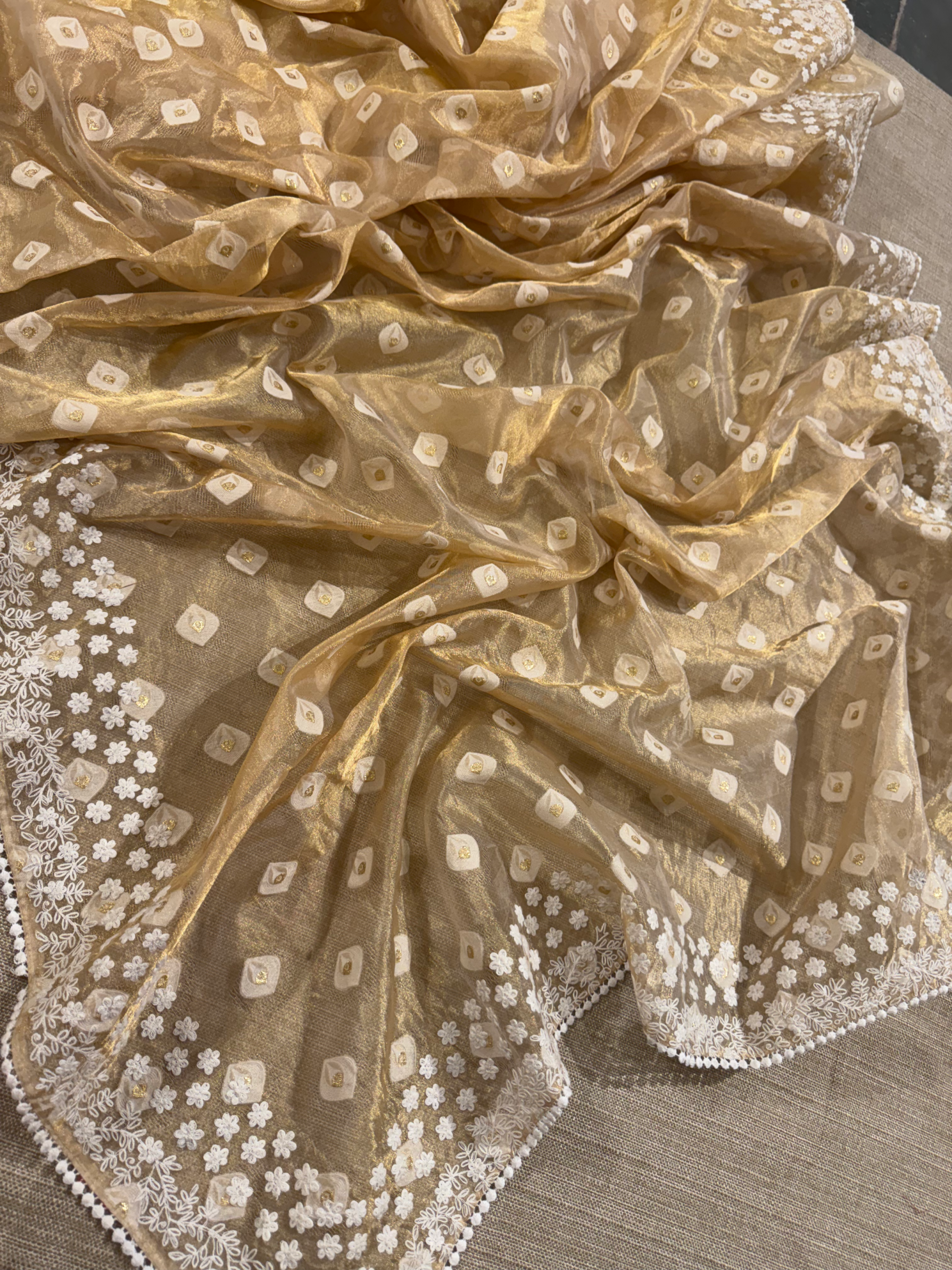 GTEA2003 : Pure Handloom Gold Tissue Saree With handwork borders
