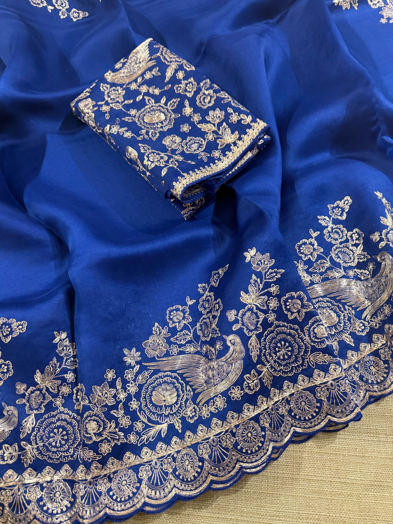 Royal blue Pure organza Saree with pita emb