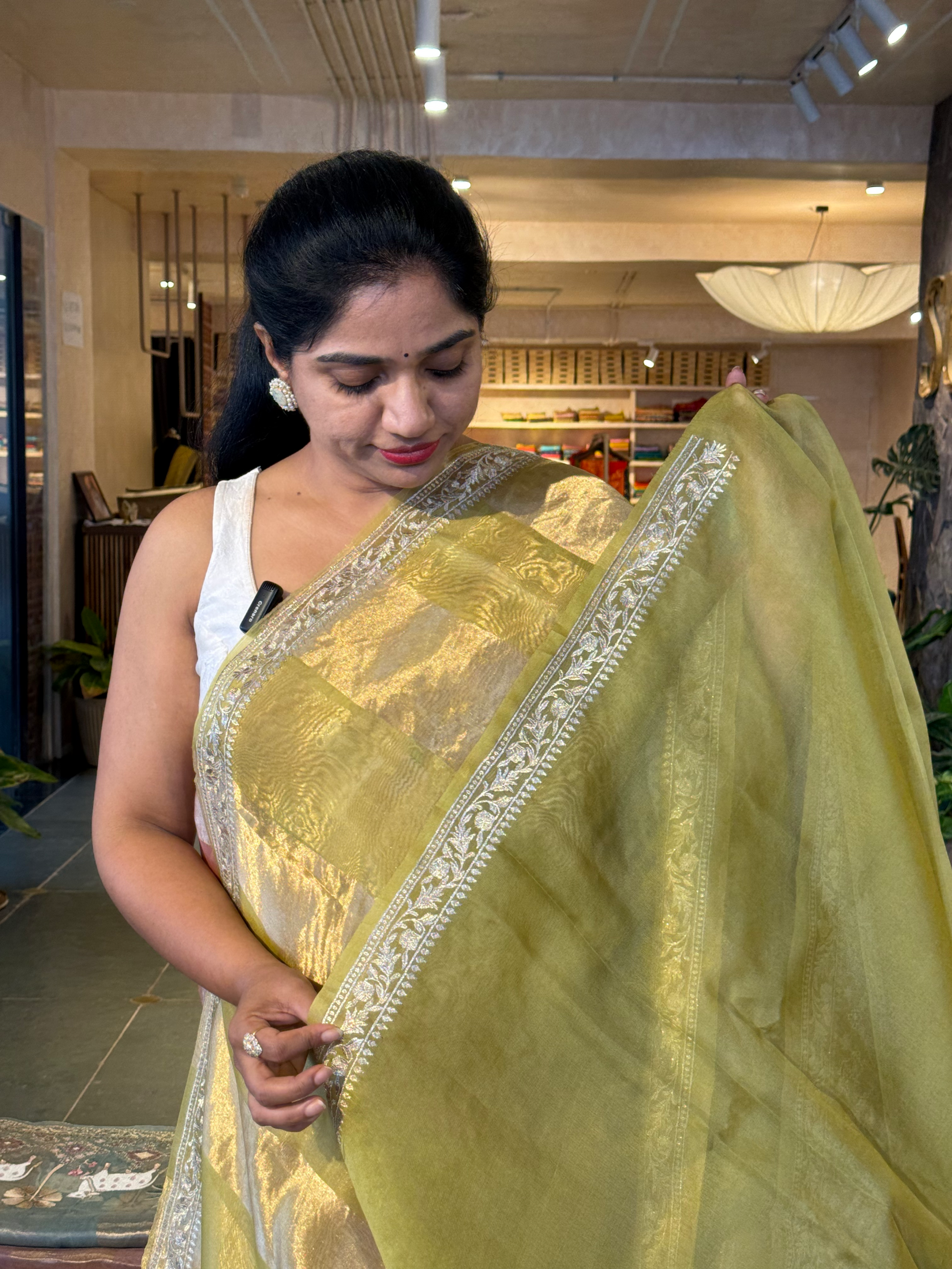Moong Dal Green Kora Tissue Stripes with Pichwai & Jamdani Inspired Embroidery