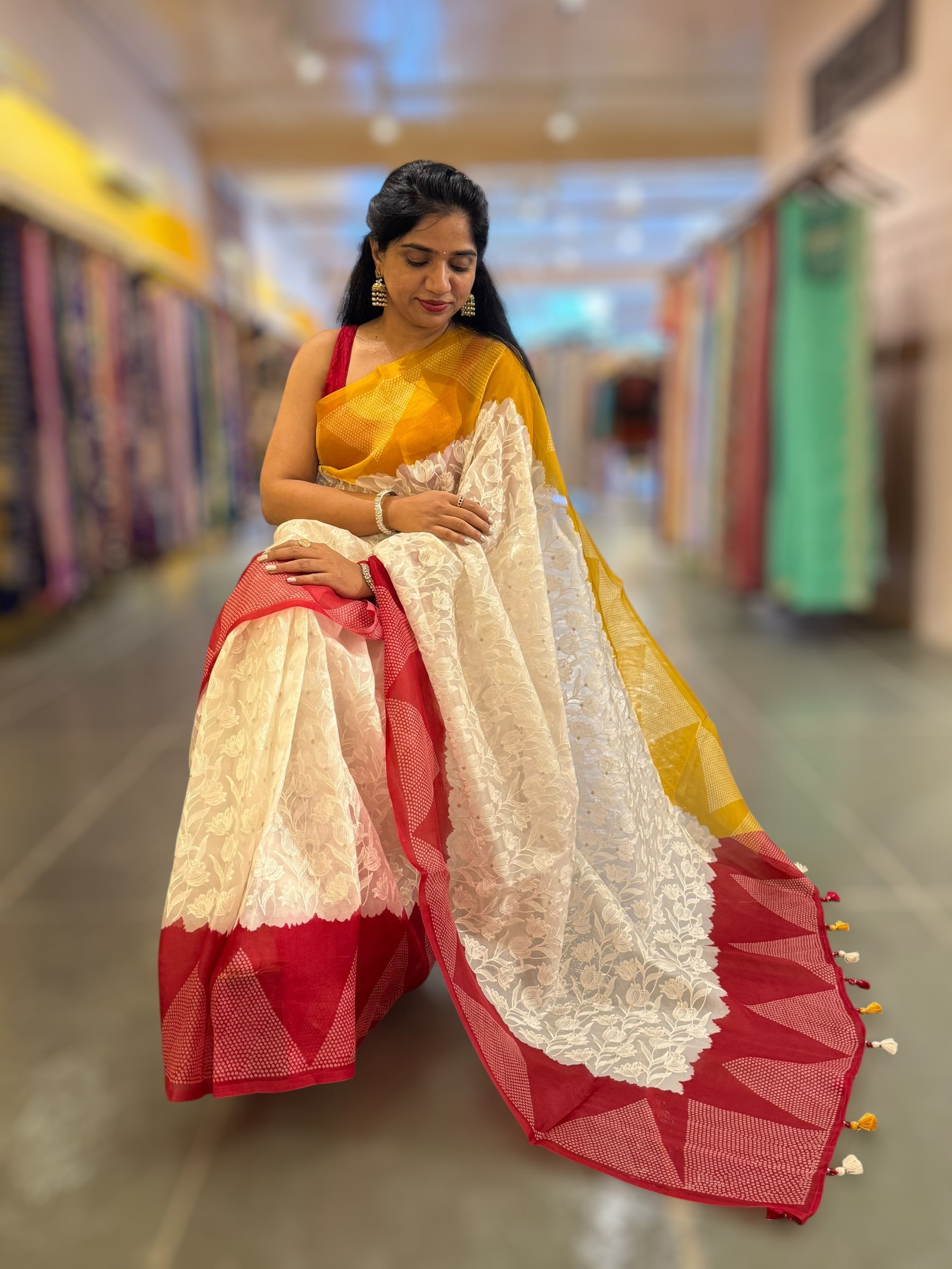 Organza Chikankari Embroidery Saree With Ganga Jamuna Bandhini Temple Borders
