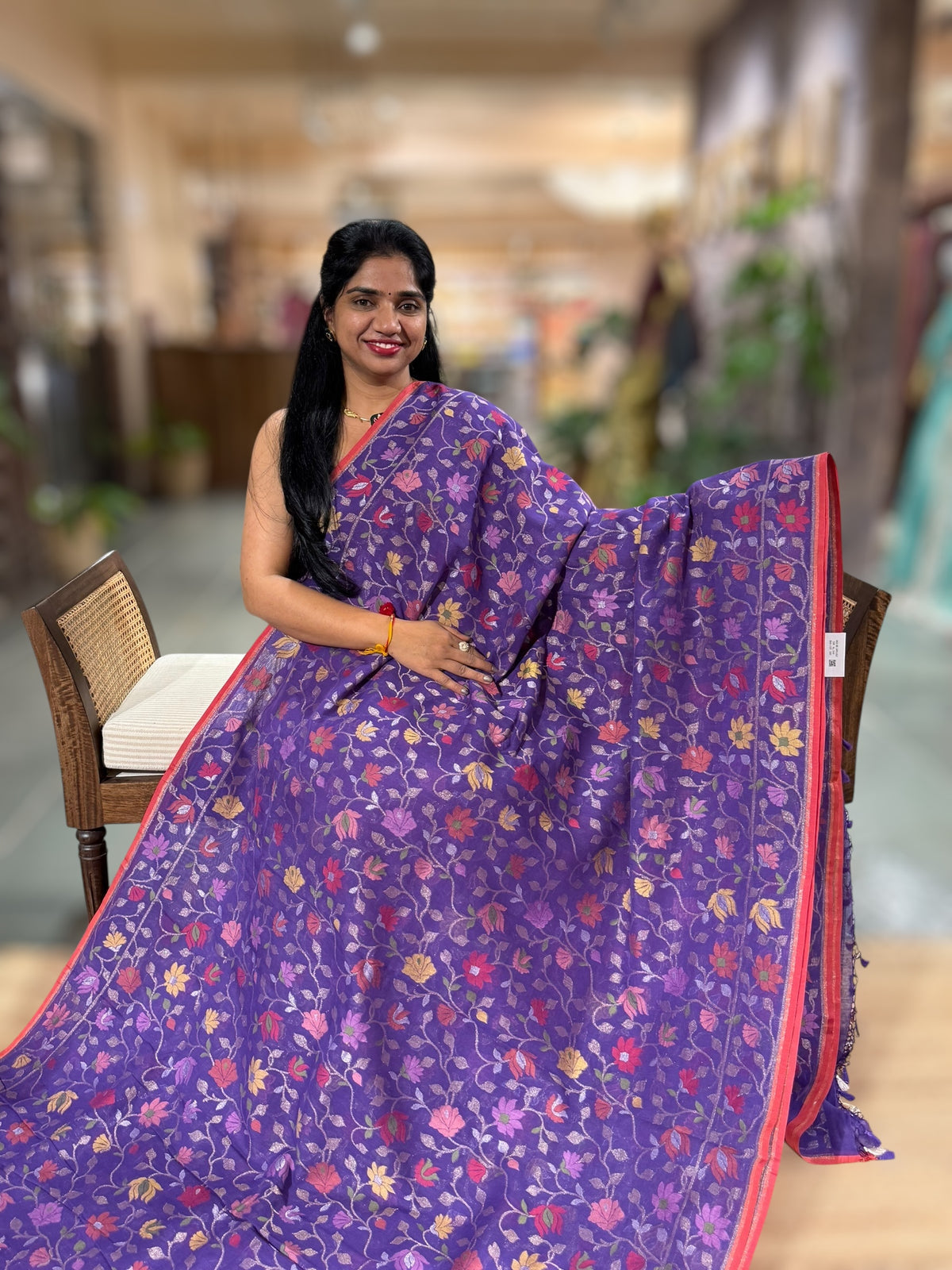 Brinjal Banarasi Handloom Cotton Cut Jamdani Saree With Allover Meenakari
