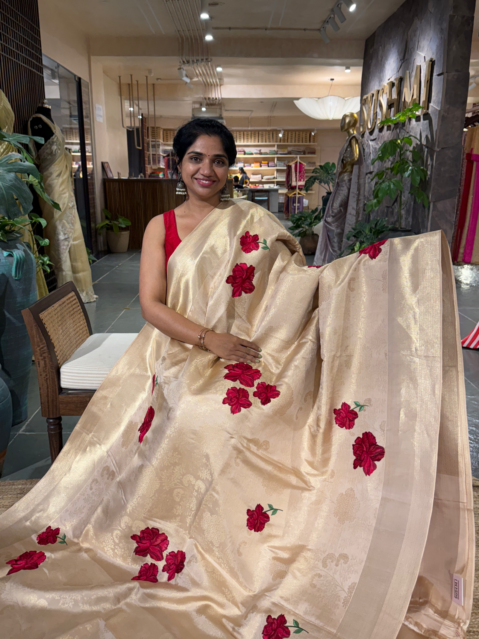 Beige Kanjeevaram Brocade Silk Saree With Floral Embroidery