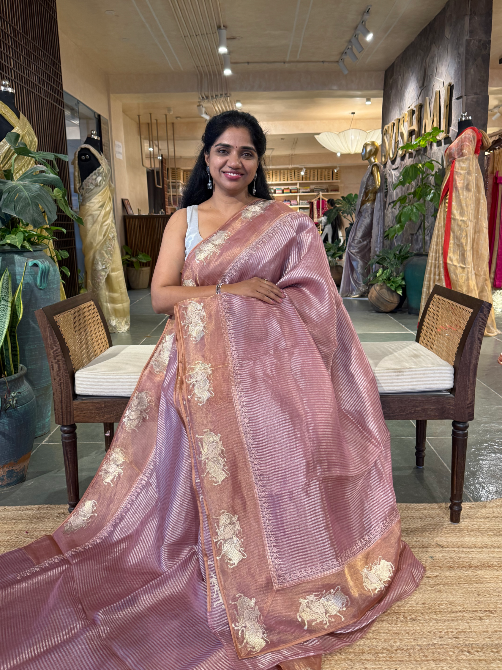 Onion Pink Tissue Stripes Saree with Nandi Border & Tissue Petite Point Blouse