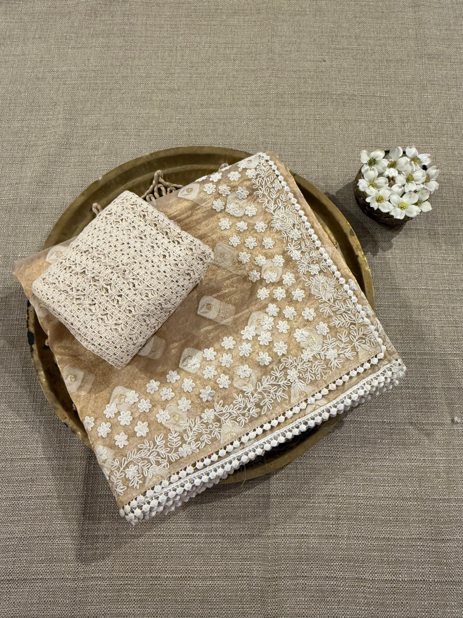 GTEA2003 : Pure Handloom Gold Tissue Saree With handwork borders