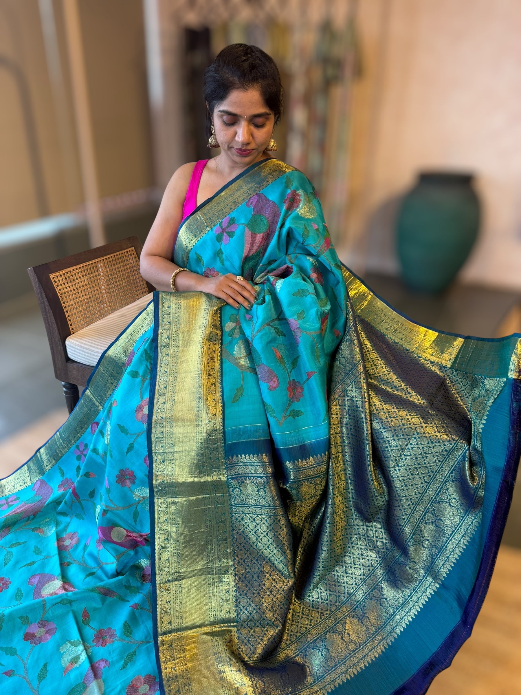 Kanjeevaram Silk Saree With Allover Pythani Inspired Parrot Embroidery