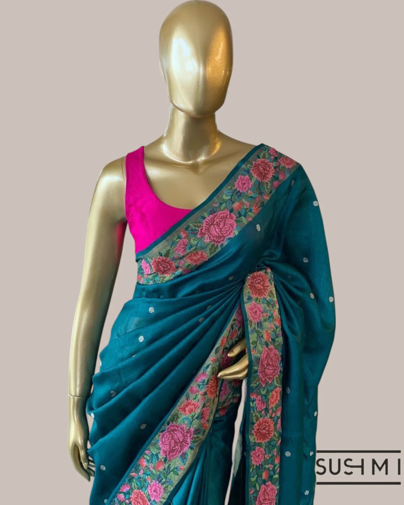 Peacock Blue Pure Tussar Saree with allover golden zari buti and Petite Point  e