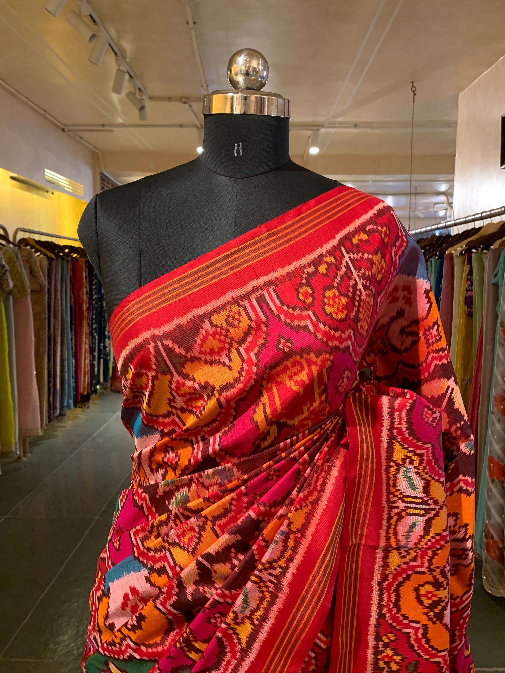 Orange , Red & yellow Combo Pure Patan Patola Saree With Allover Creeper Design