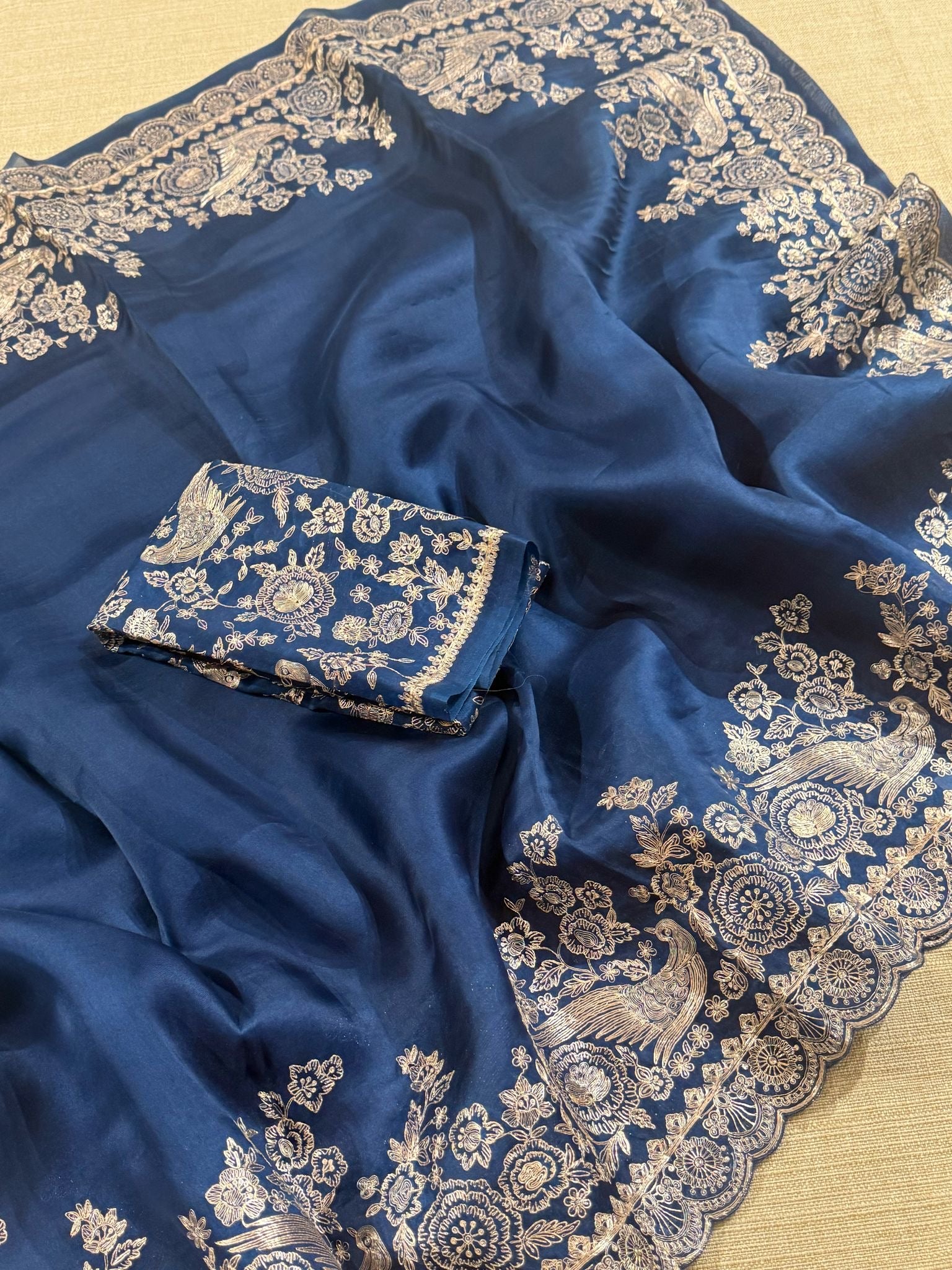 Midnight blue Pure organza Saree with pita emb