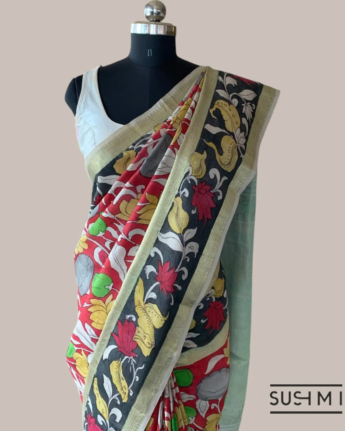 Red Kanchi Pen kalamkari handpainted saree with heavy borders