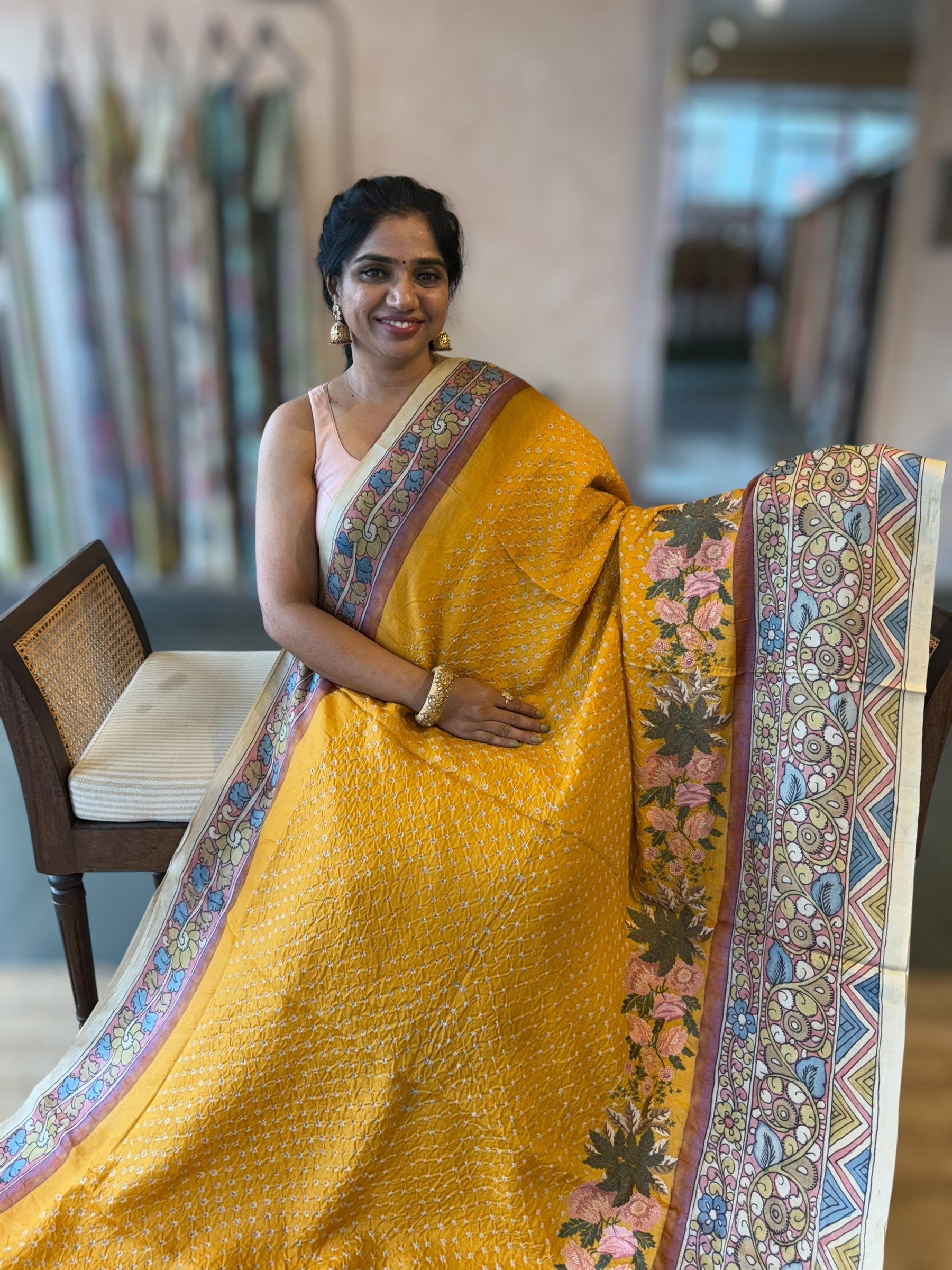 Yellow Tussar Bandhini Saree With Pen kalamkari Border & Petite Point Emb Blouse