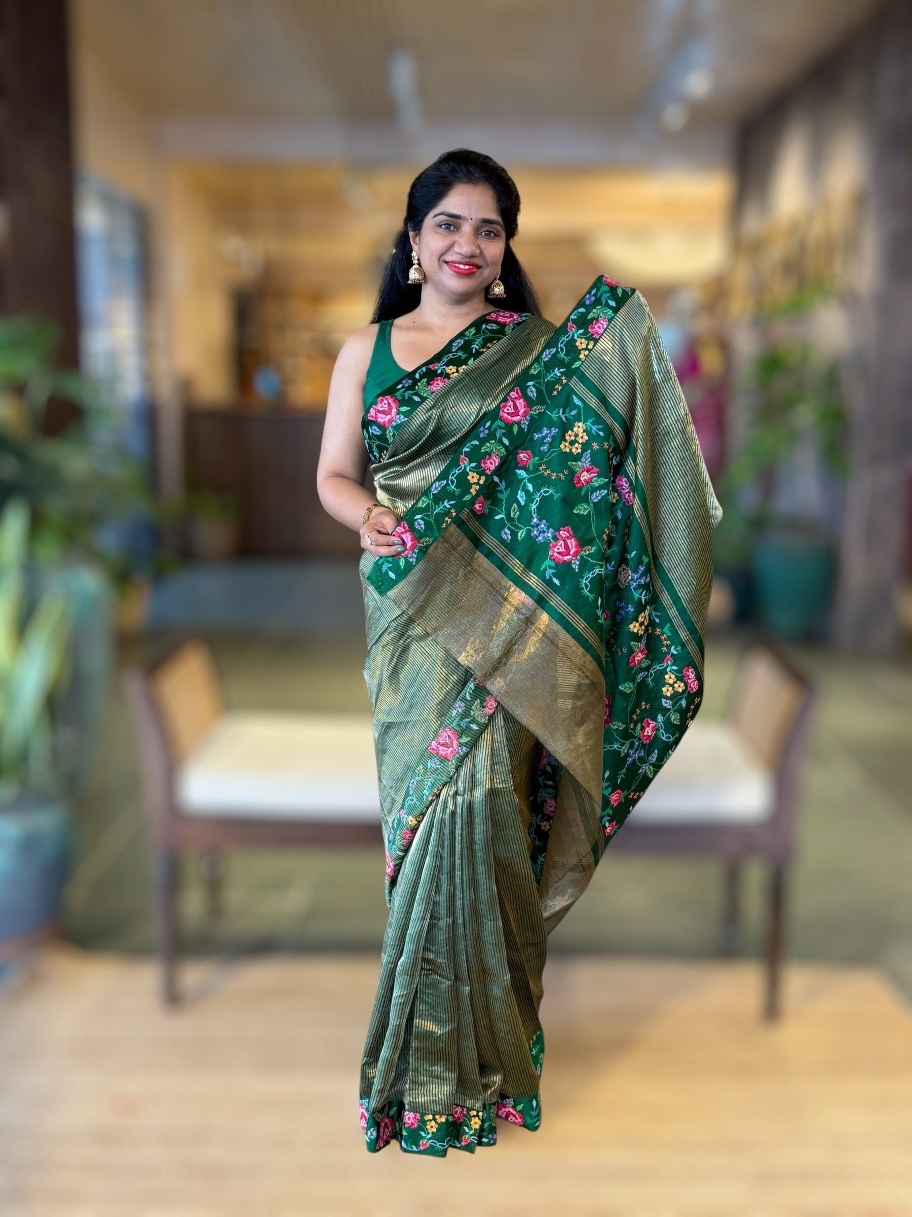 BottleGreen Tissue Stripes Saree wth Petite Point Embroidered Border Pallu & BP