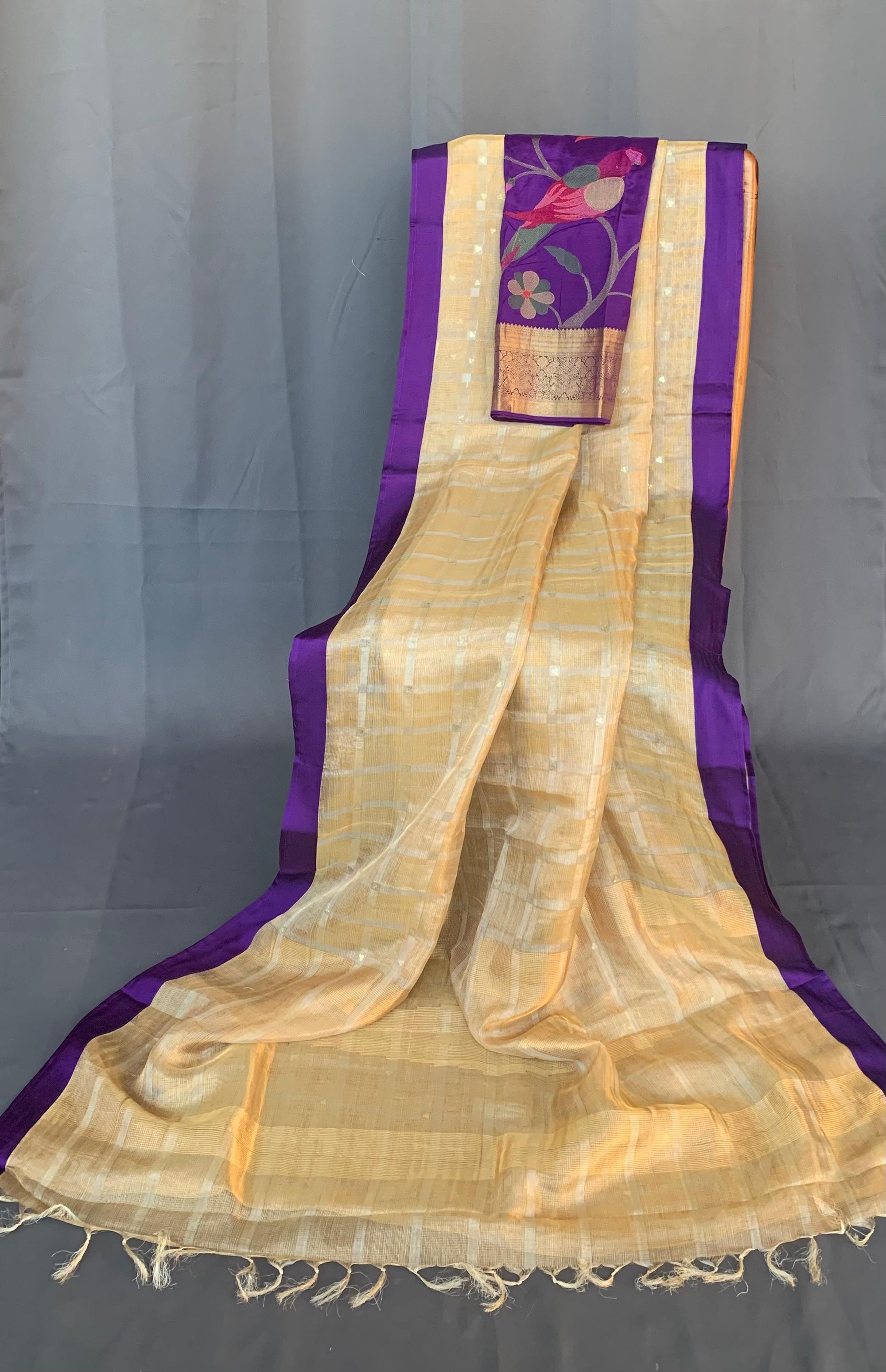 Designer Gold tissue saree with kanchi  blouse with pythani style embroidery