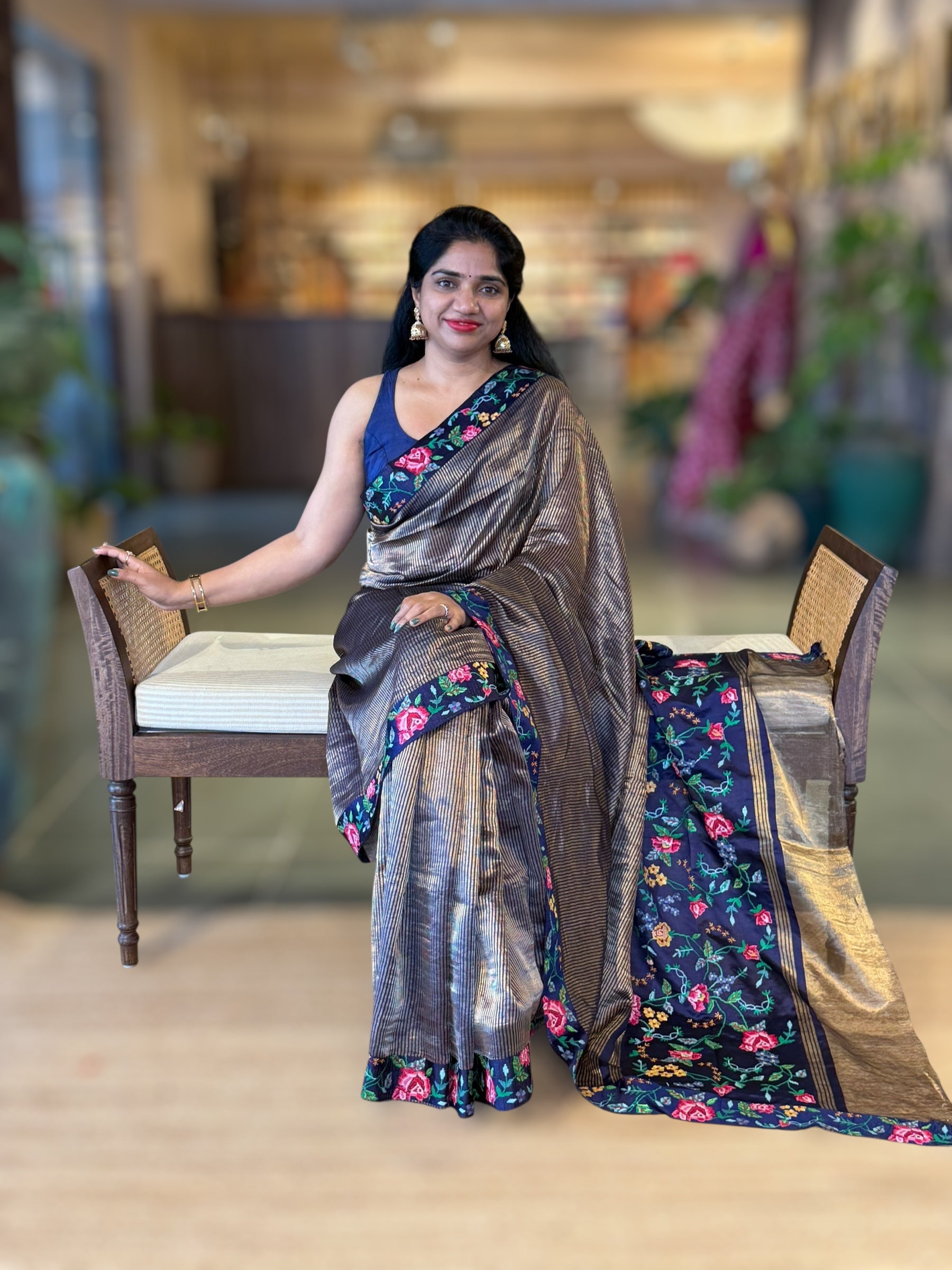 Navy Tissue Stripes Saree wth Petite Point Embroidered Border Pallu & BP