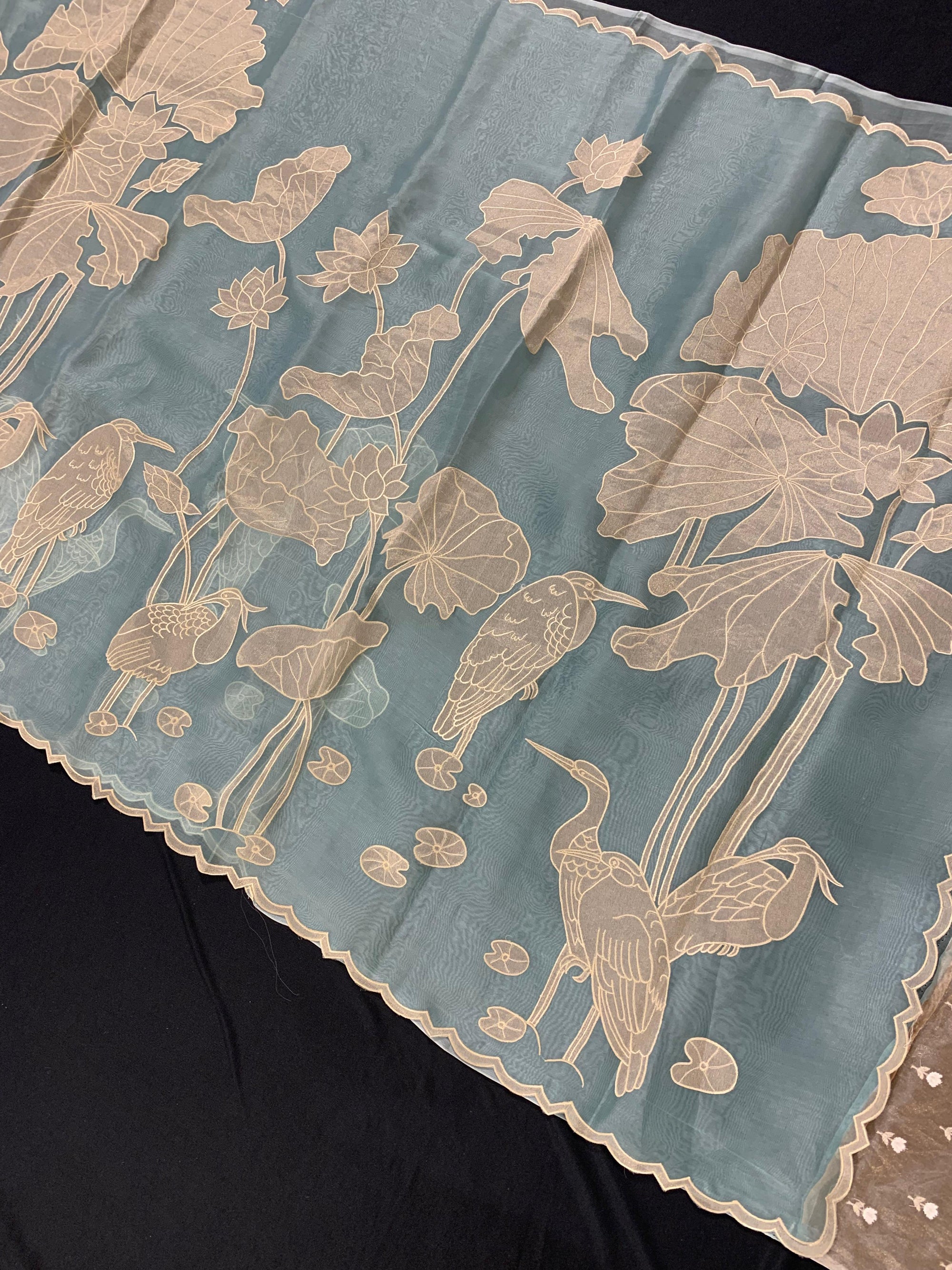 Sky Blue Pure Organza Designer Saree with Allover Tissue Applique Embroidery