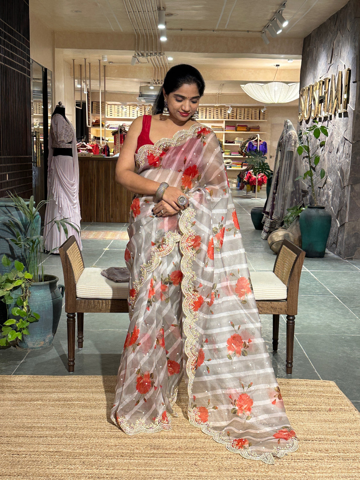 Earthy Tone Pure Organza lehariya Floral Printed With Handwork Border