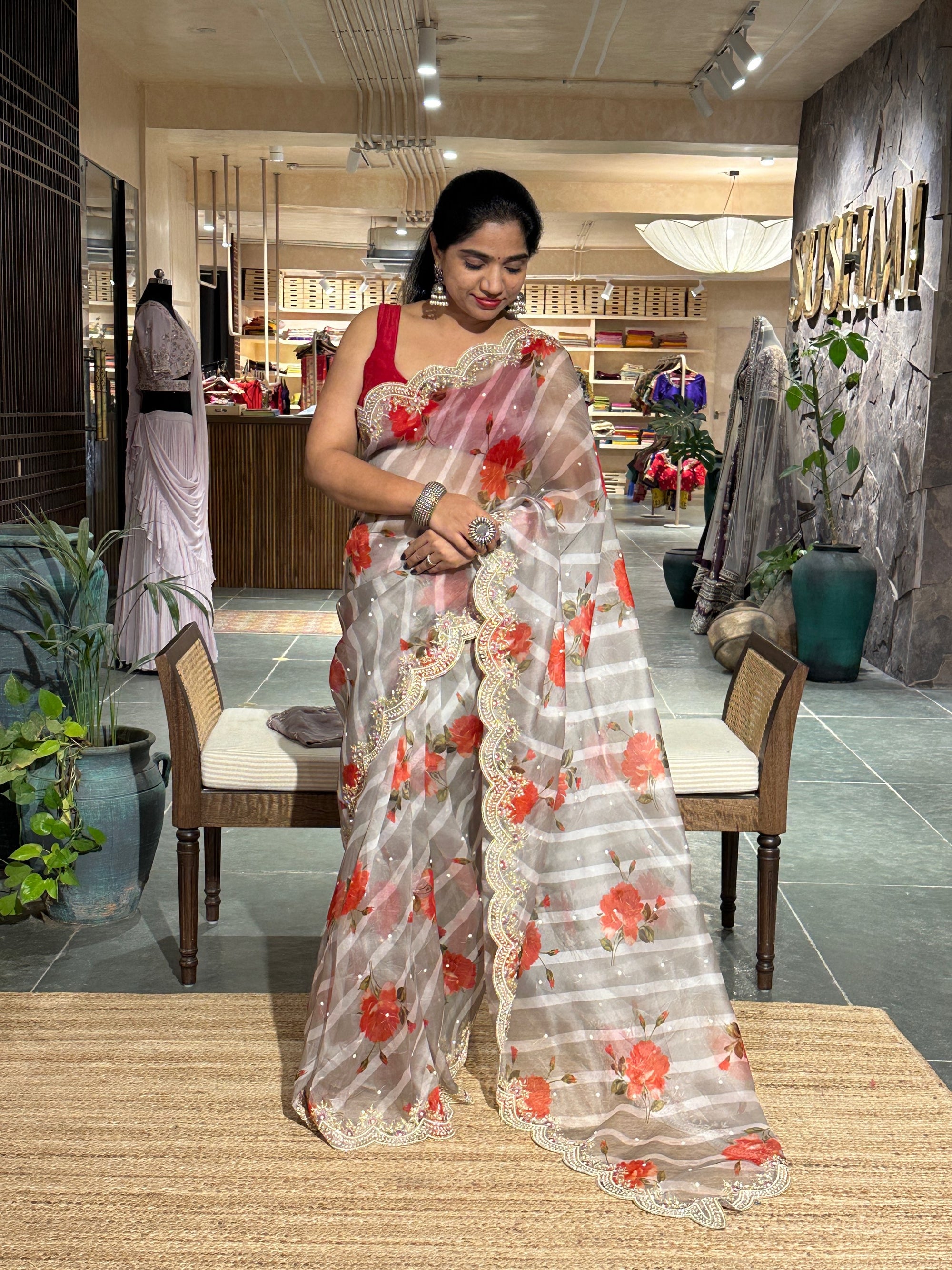 Earthy Tone Pure Organza lehariya Floral Printed With Handwork Border