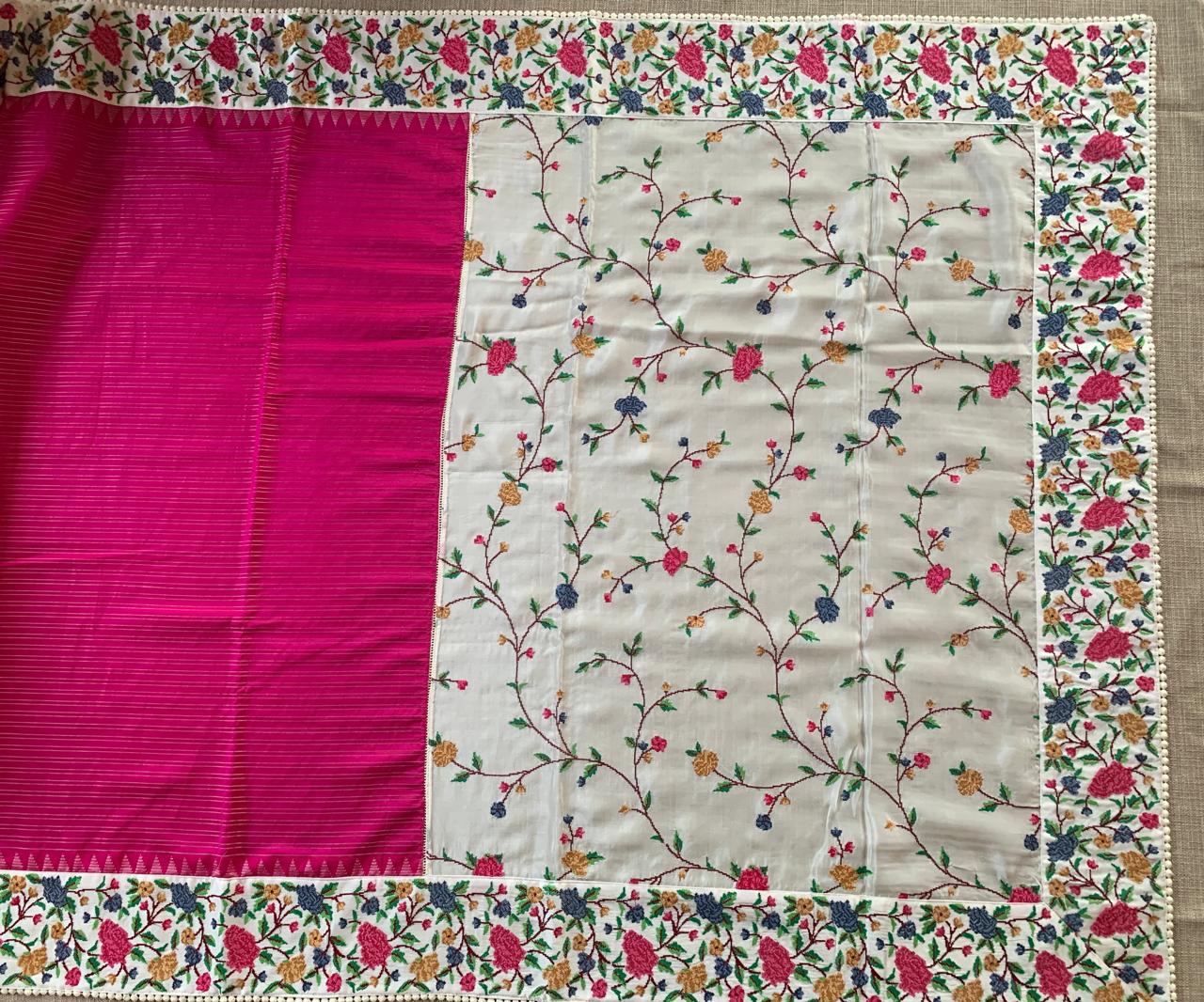 Pink Kanchi Soft Silk Saree With Petite Point Embroidered Border Pallu & Blouse