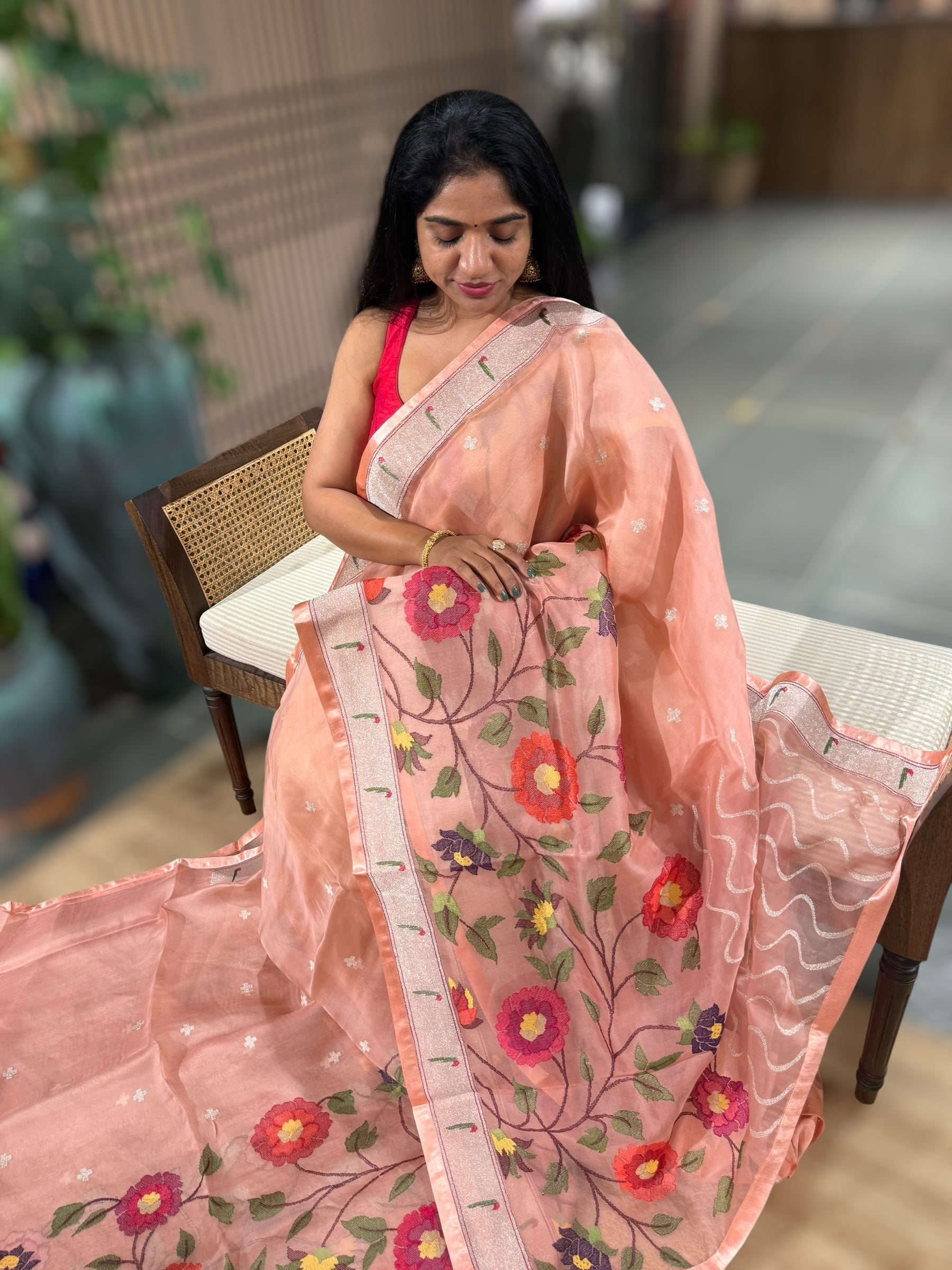 Peach Organza Silk Saree With Jamdani Inspired Embroidery