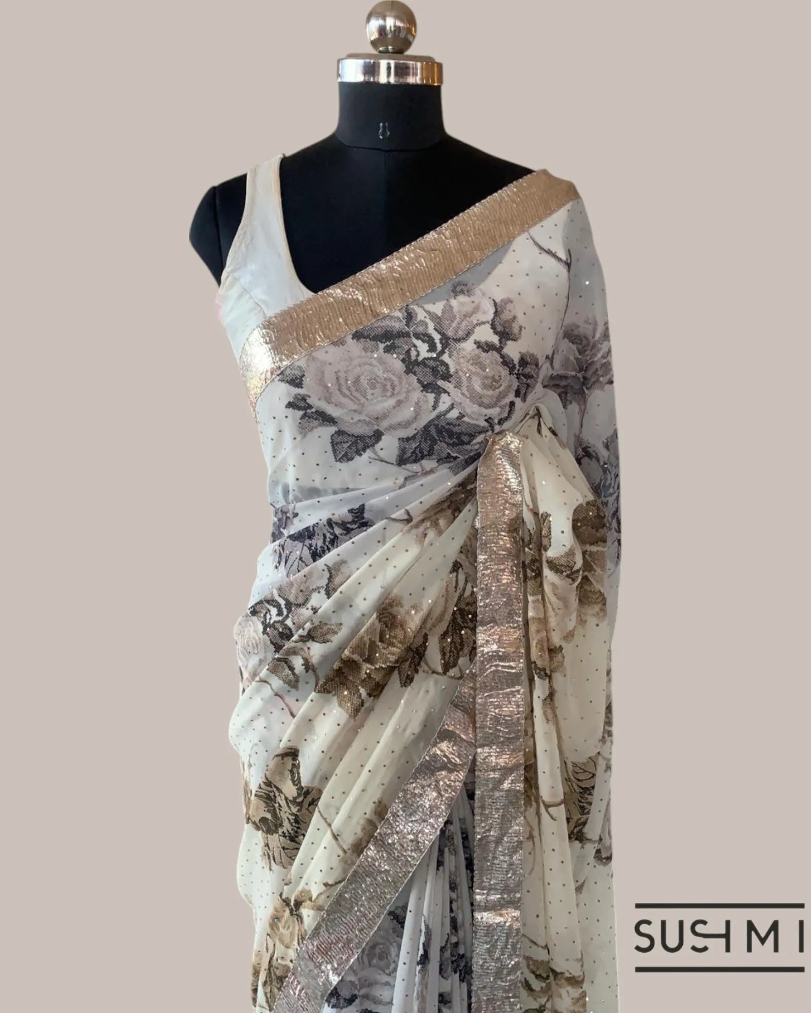 Shaded Gorgette Floral Printed Saree with allover sequence & hemlined gota lace