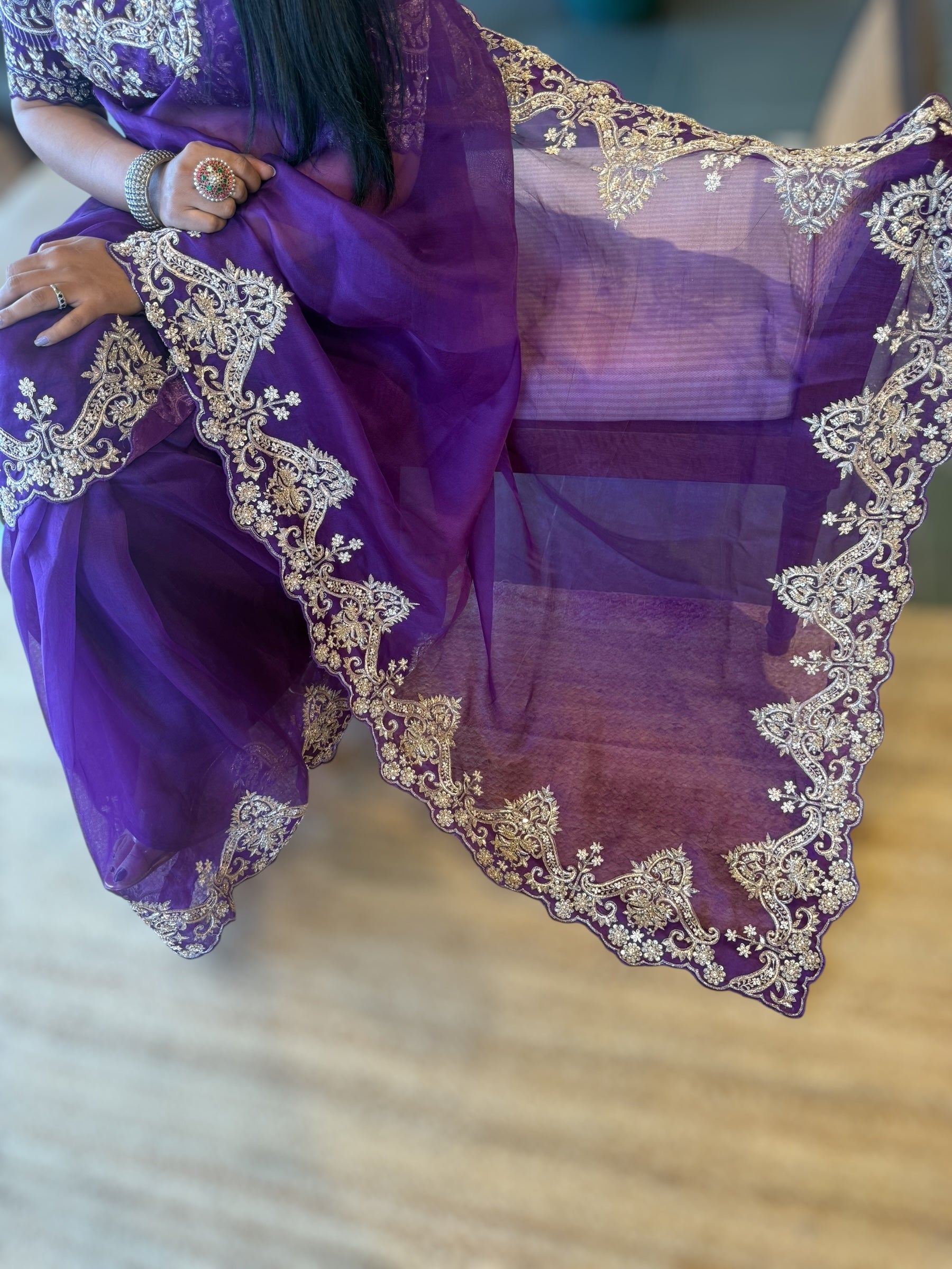 Purple Organza Heavy Handwork Saree