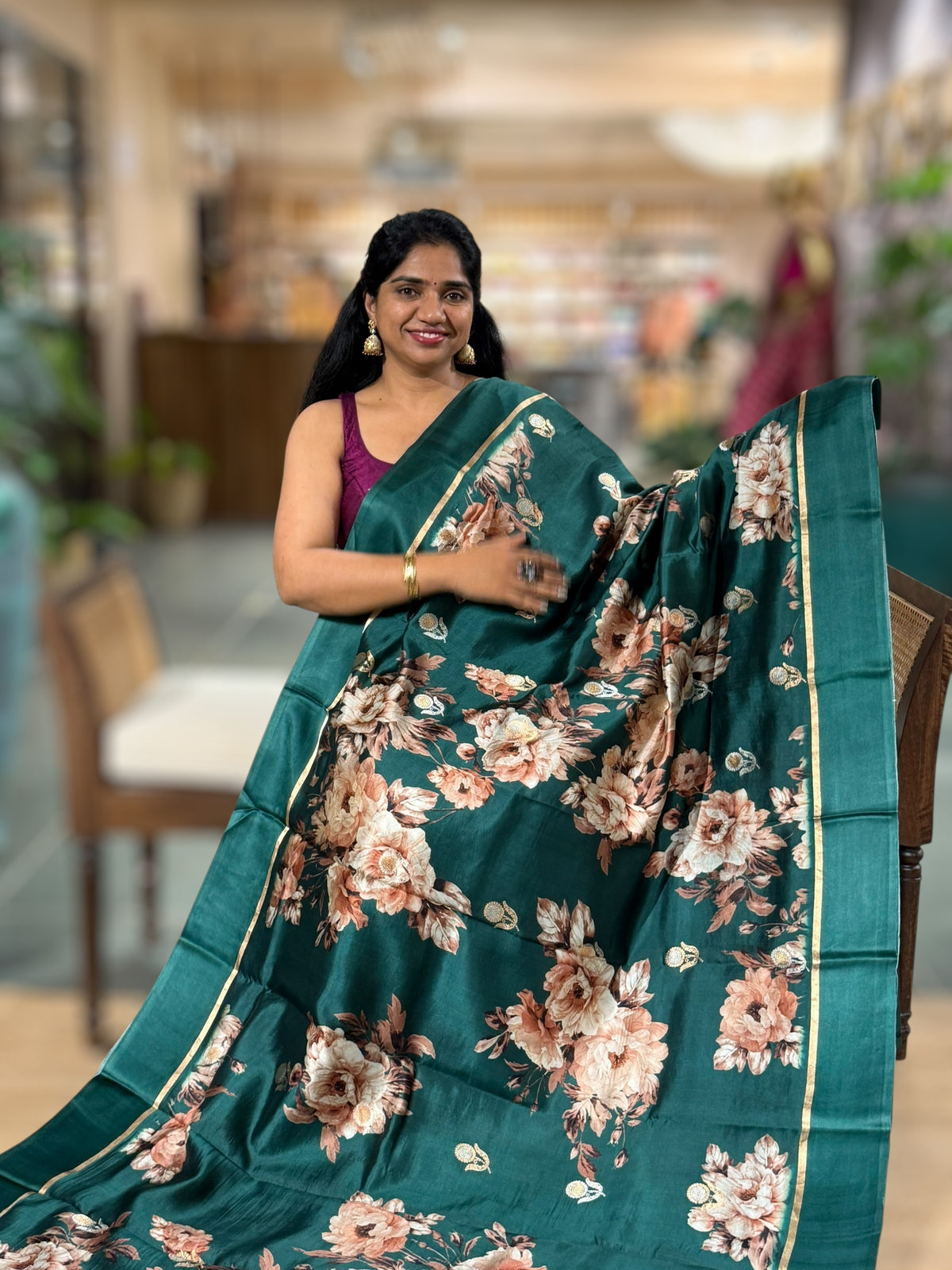 Forest Green Kanchi Soft Silk with Bold Floral Print