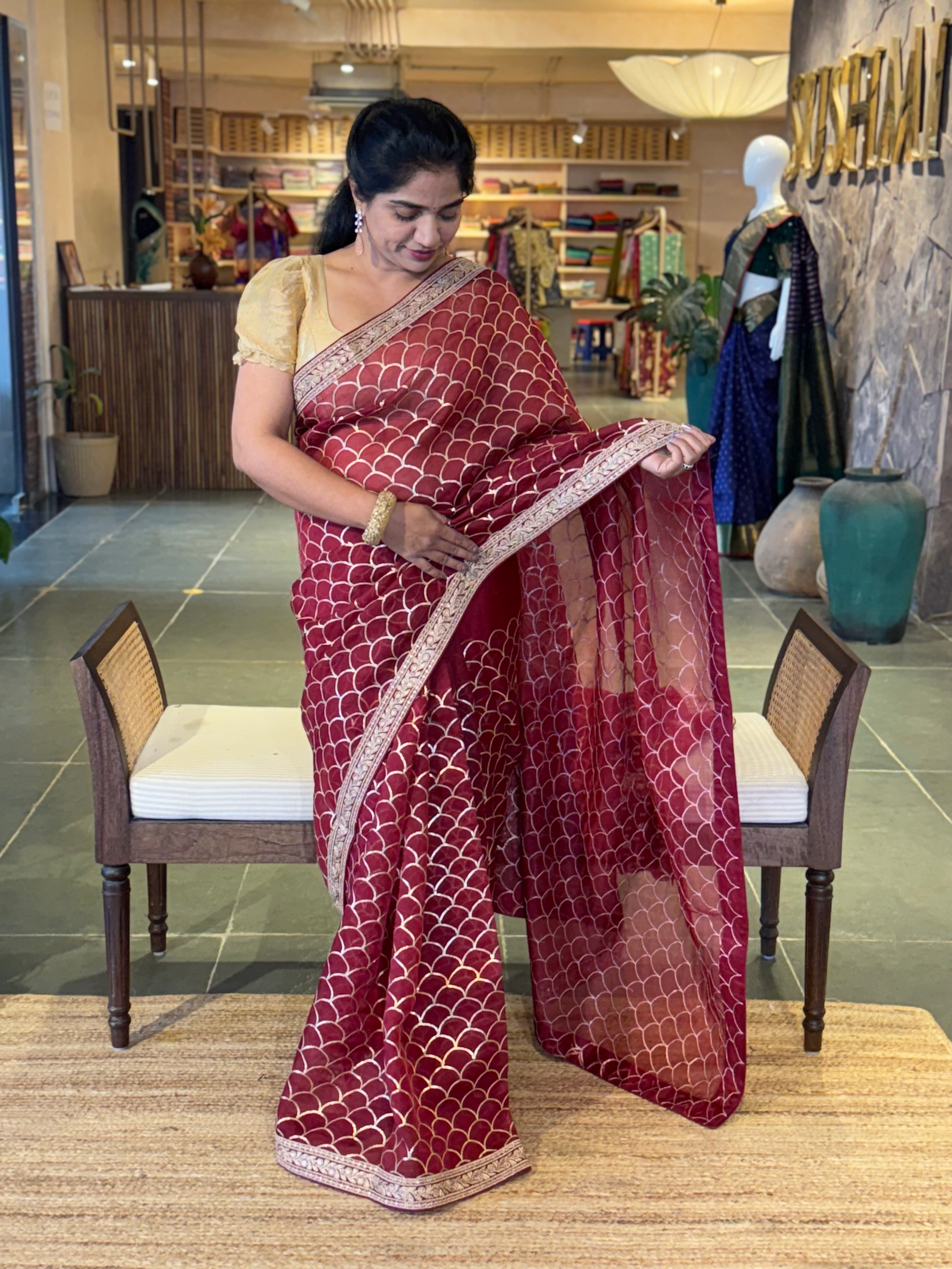 Burgundy Color Pure Organza allover Sequnce Saree in Sabhyasachi Style