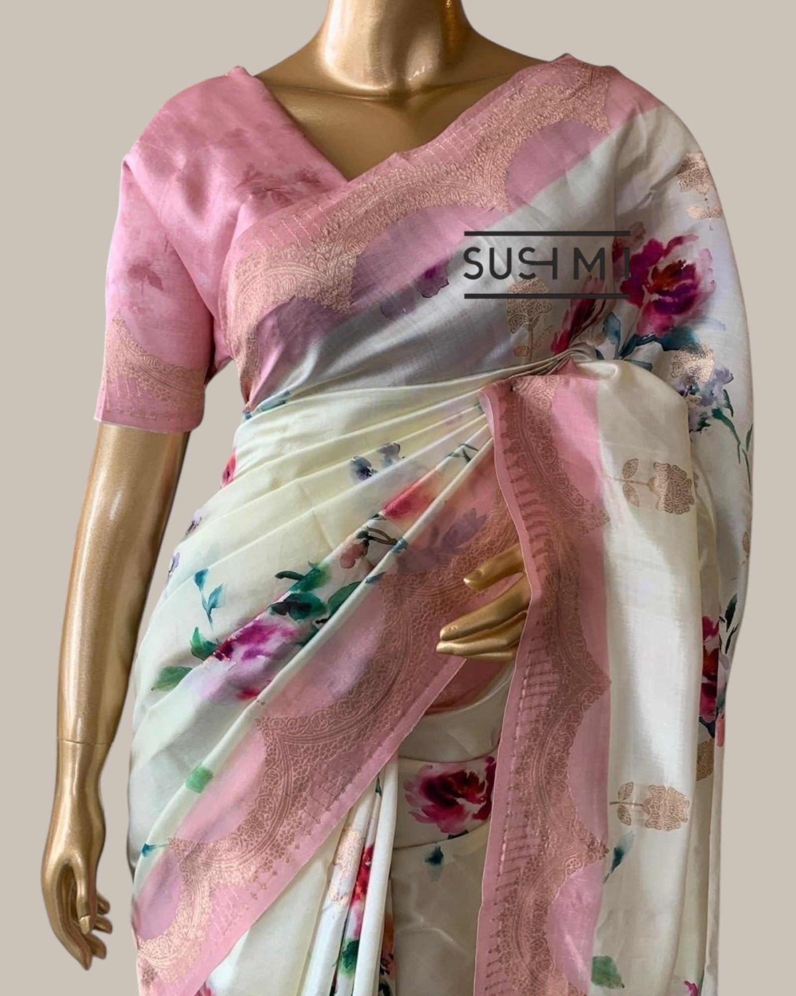 Banarasi Soft Silk Printed Saree With Scalloped Woven Zari Border